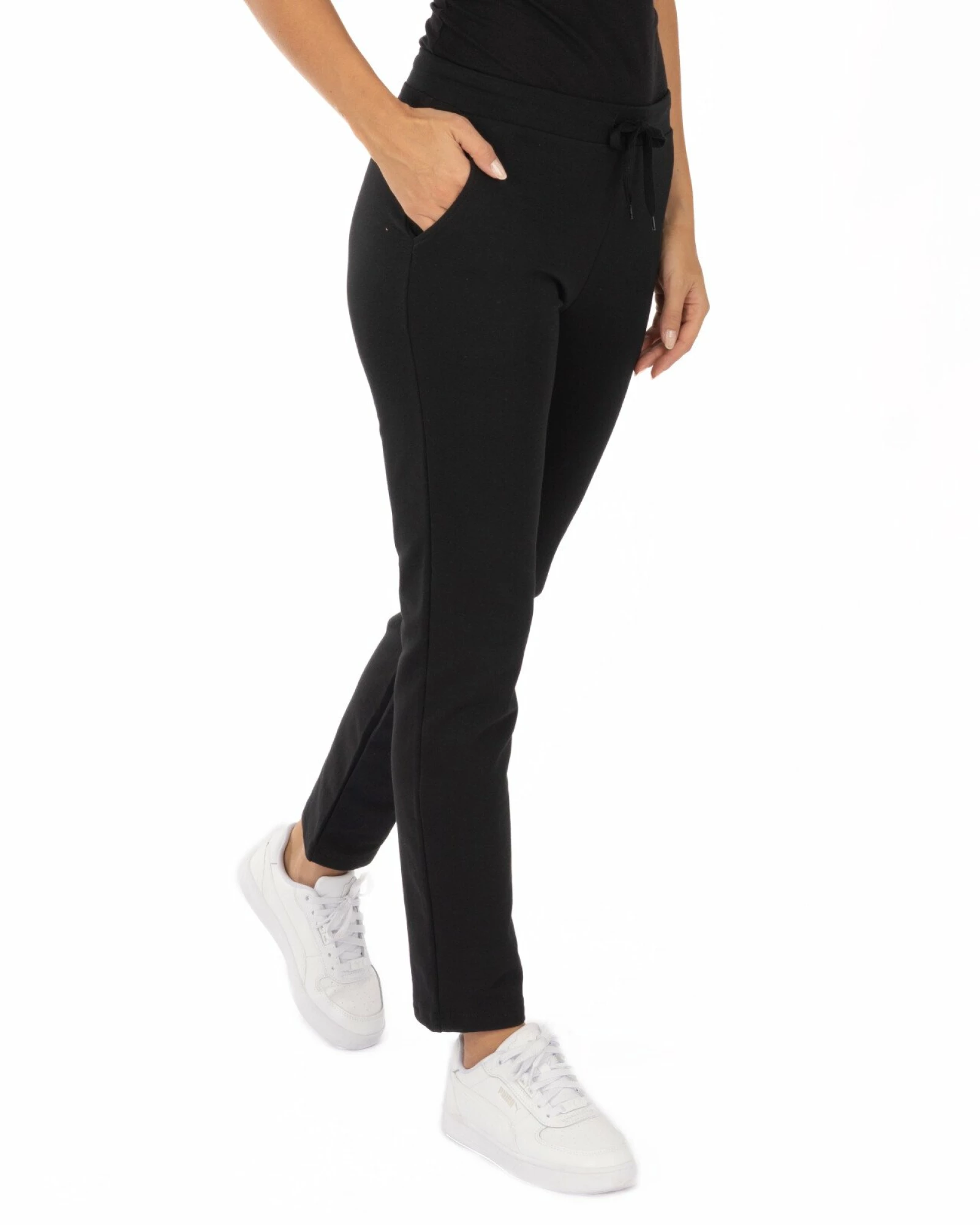 Pantaloni damă negri, croi conic, cu buzunare oblice și șnur