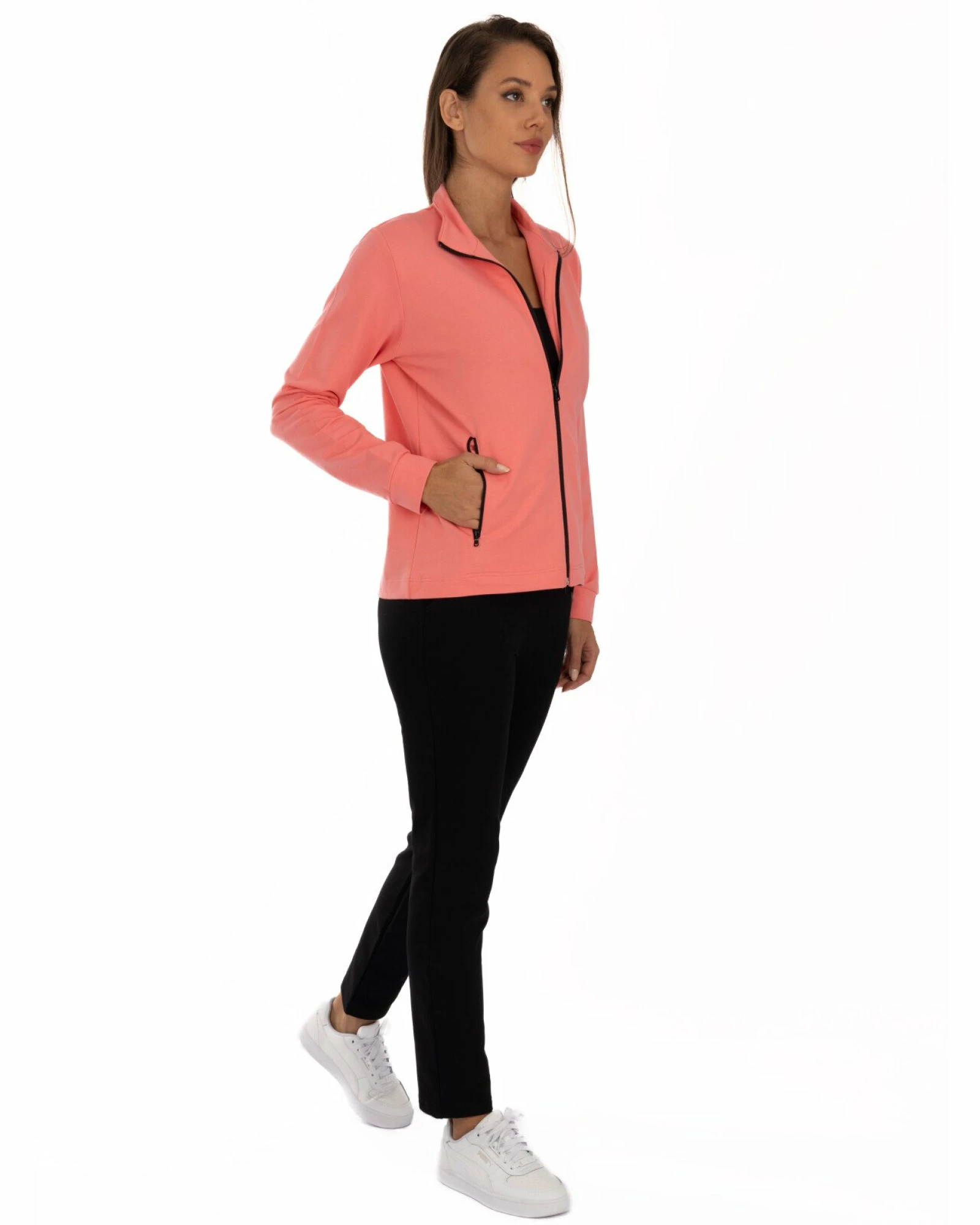 Pantaloni damă negri, croi conic, cu buzunare oblice și șnur