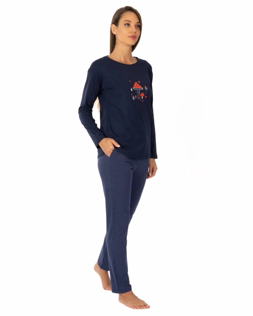 Pijama damă bleumarin din bumbac, lejeră, cu imprimeu