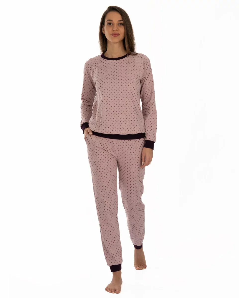 Pijama roz pudrat din bumbac elastan, model raglan cu manșete
