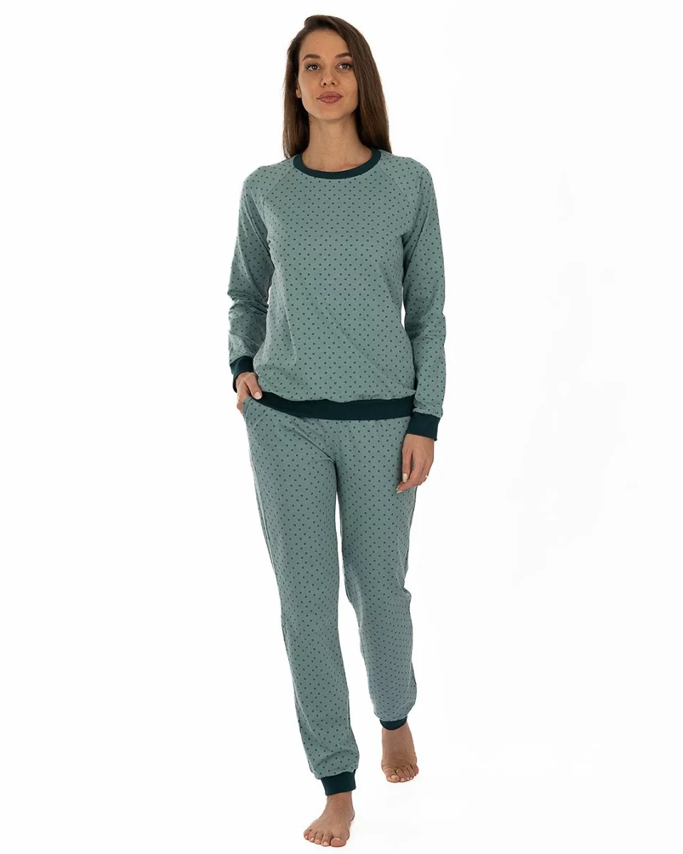 Pijama verde pudrat din bumbac elastan, model raglan cu manșete