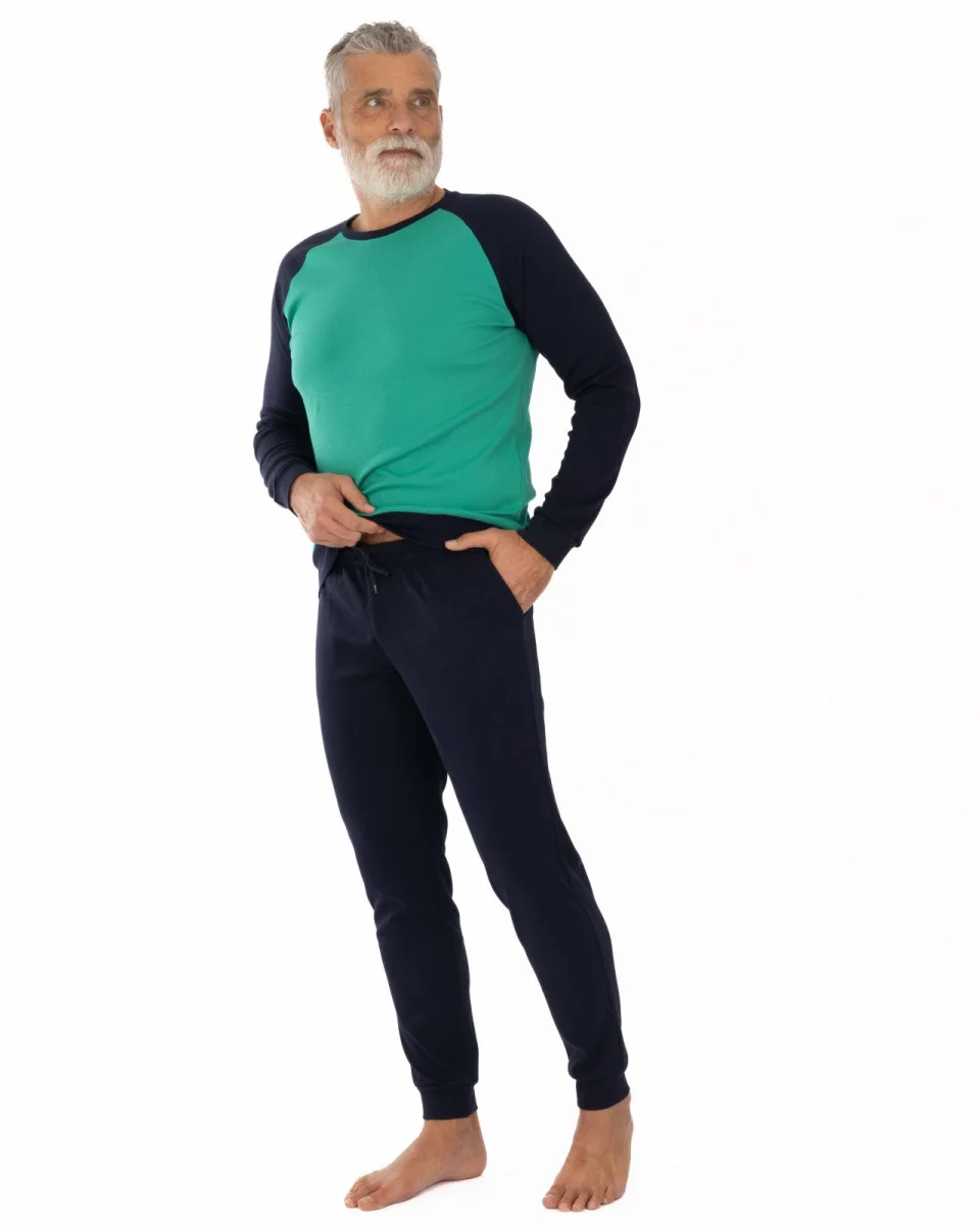 Set bărbați verde și bleumarin din interlock de bumbac, model raglan