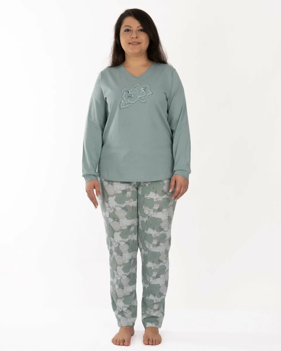 Pijama mărimi mari verde din bumbac cu decolteu conturat