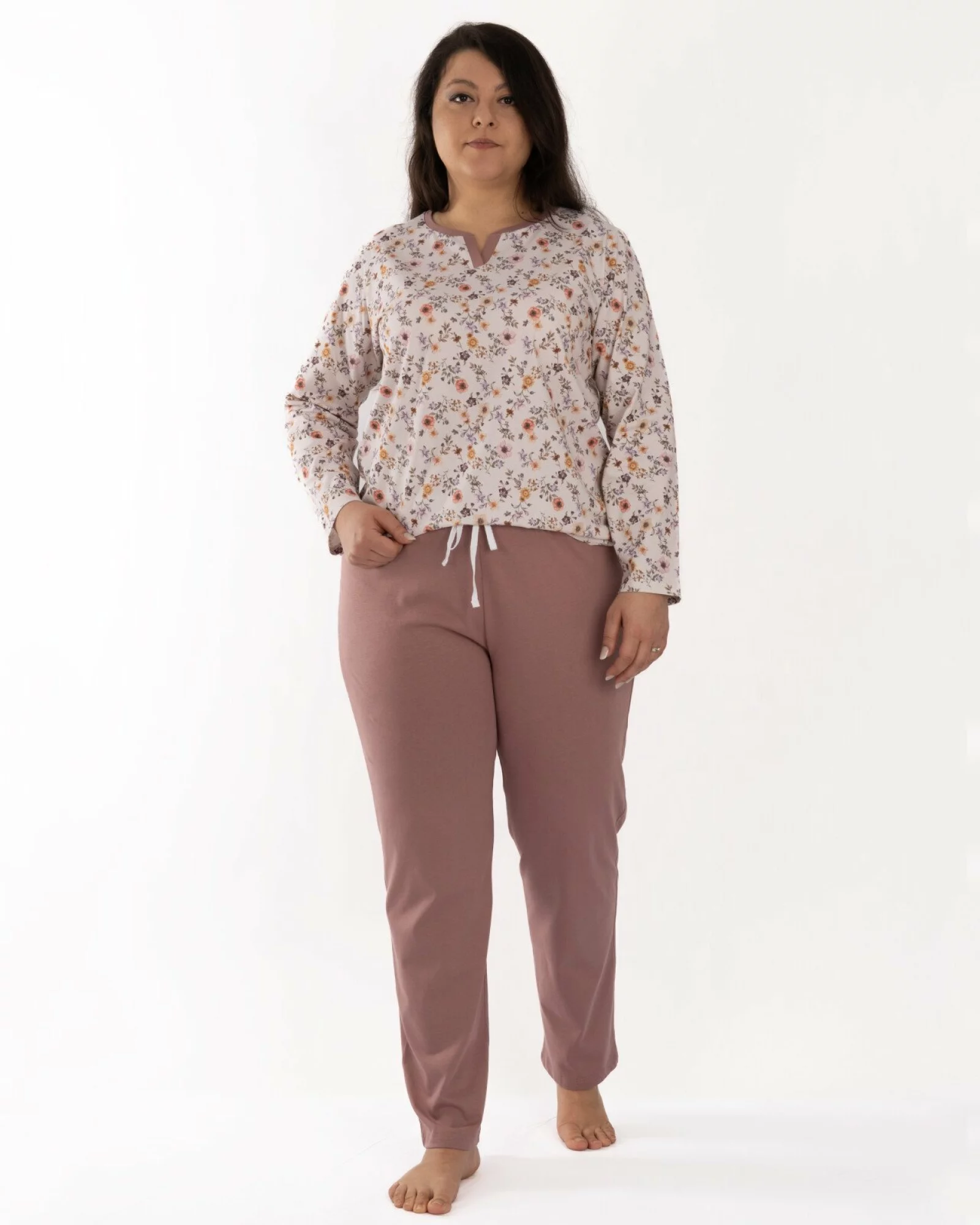 Pijama mărimi mari bordo pudrat din bumbac cu detalii contrastante