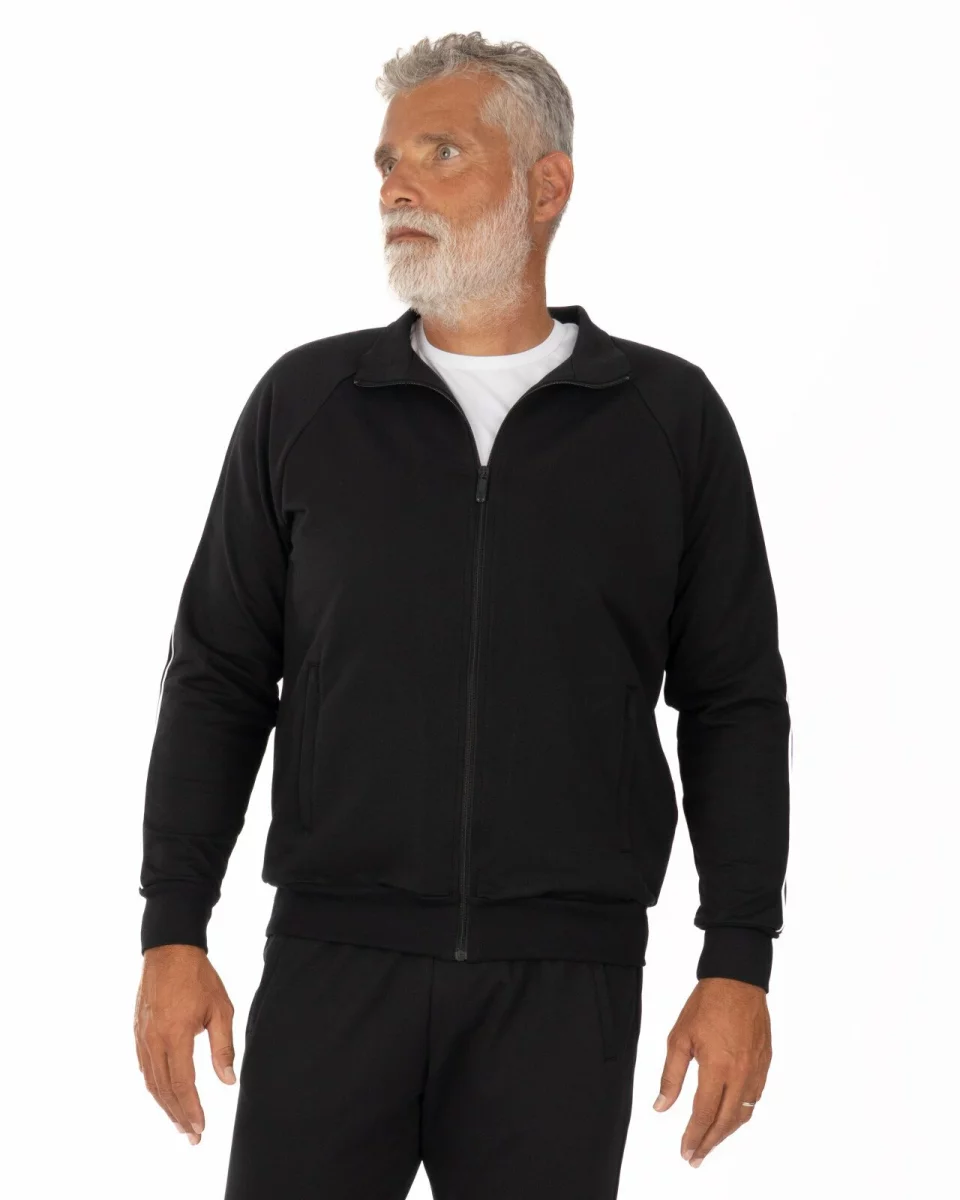 Jachetă neagră bumbac elastan cu mâneci raglan și vipușcă decorativă