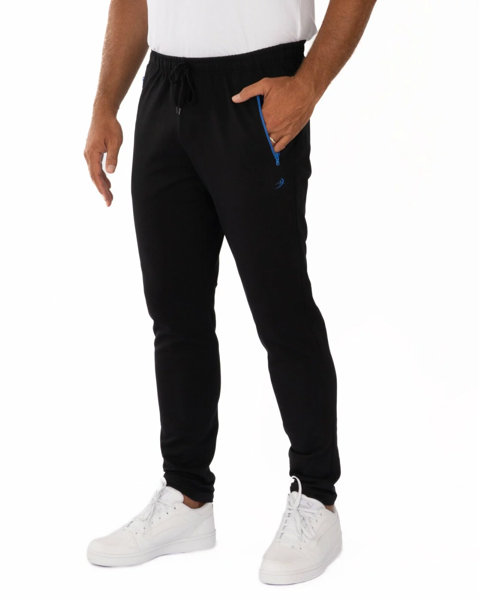 Pantaloni negri croi conic buzunare cu fermoar albastru