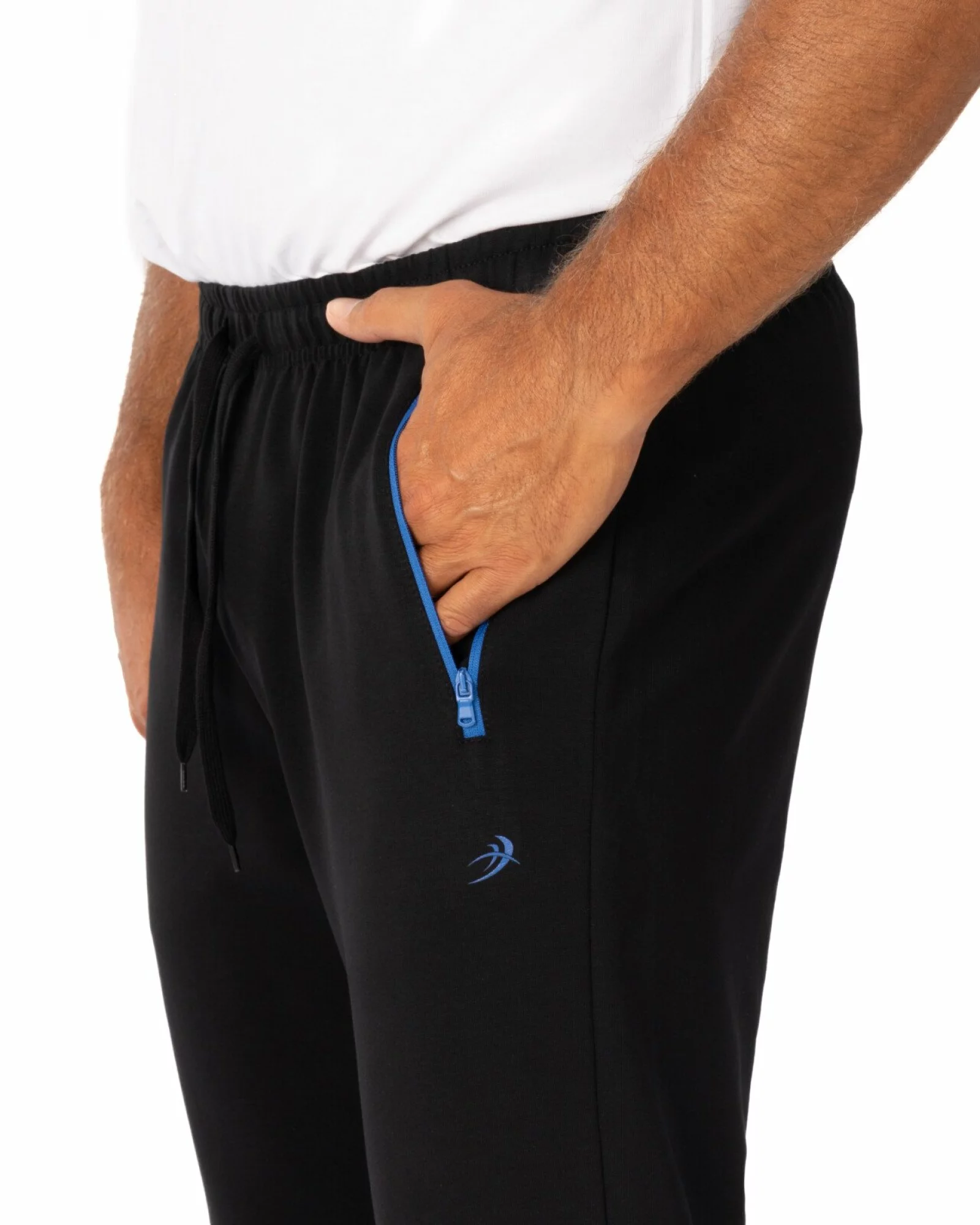 Pantaloni negri croi conic buzunare cu fermoar albastru