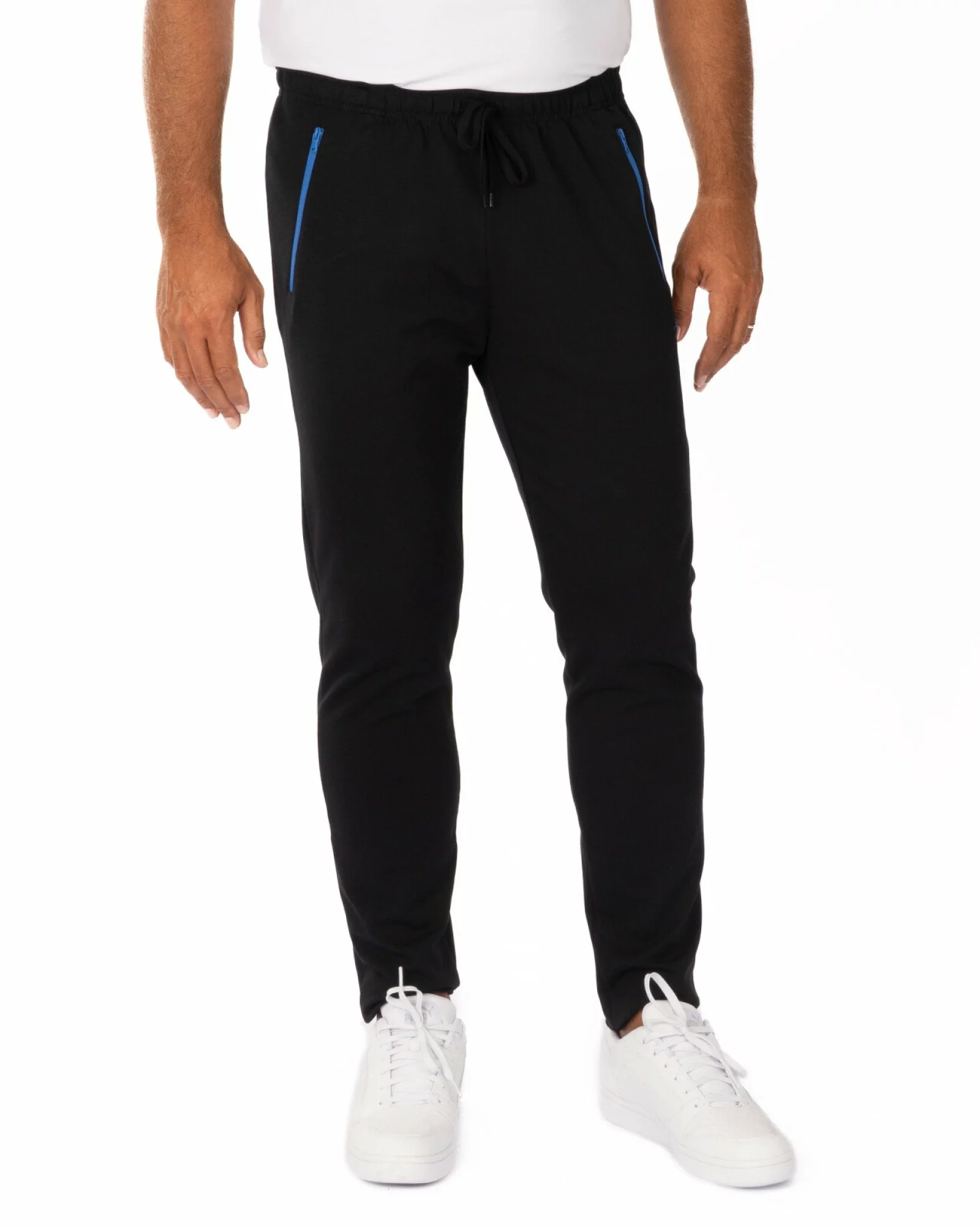 Pantaloni negri croi conic buzunare cu fermoar albastru
