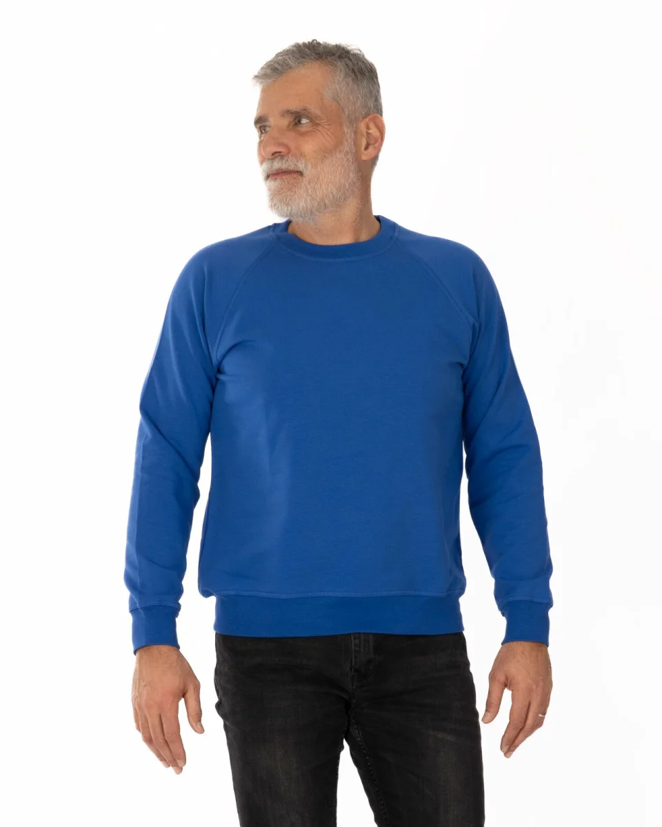 Hanorac albastru la baza gâtului bumbac elastan cu interior pufos și mâneci raglan