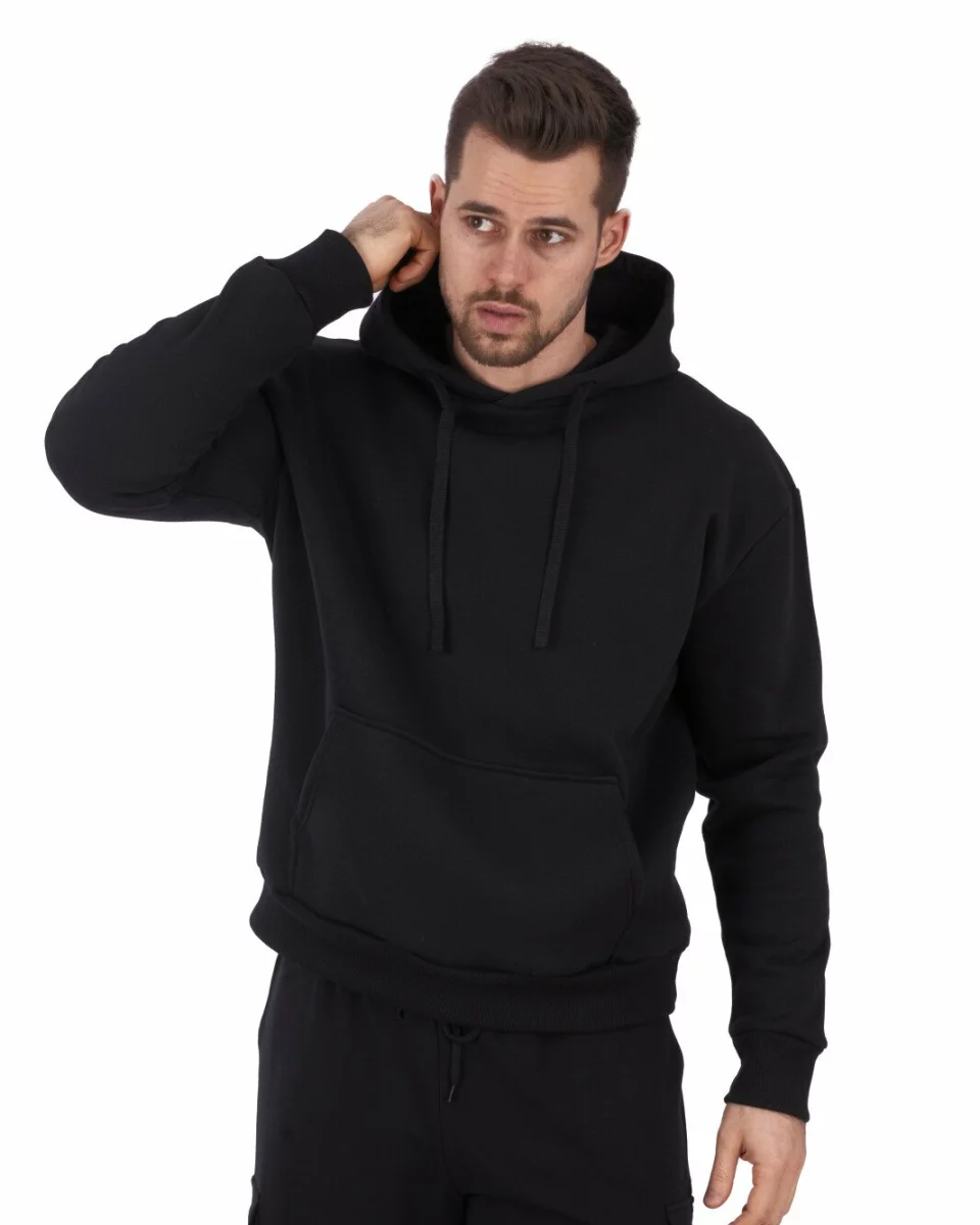 Hanorac negru oversized bumbac cu interior pufos și glugă