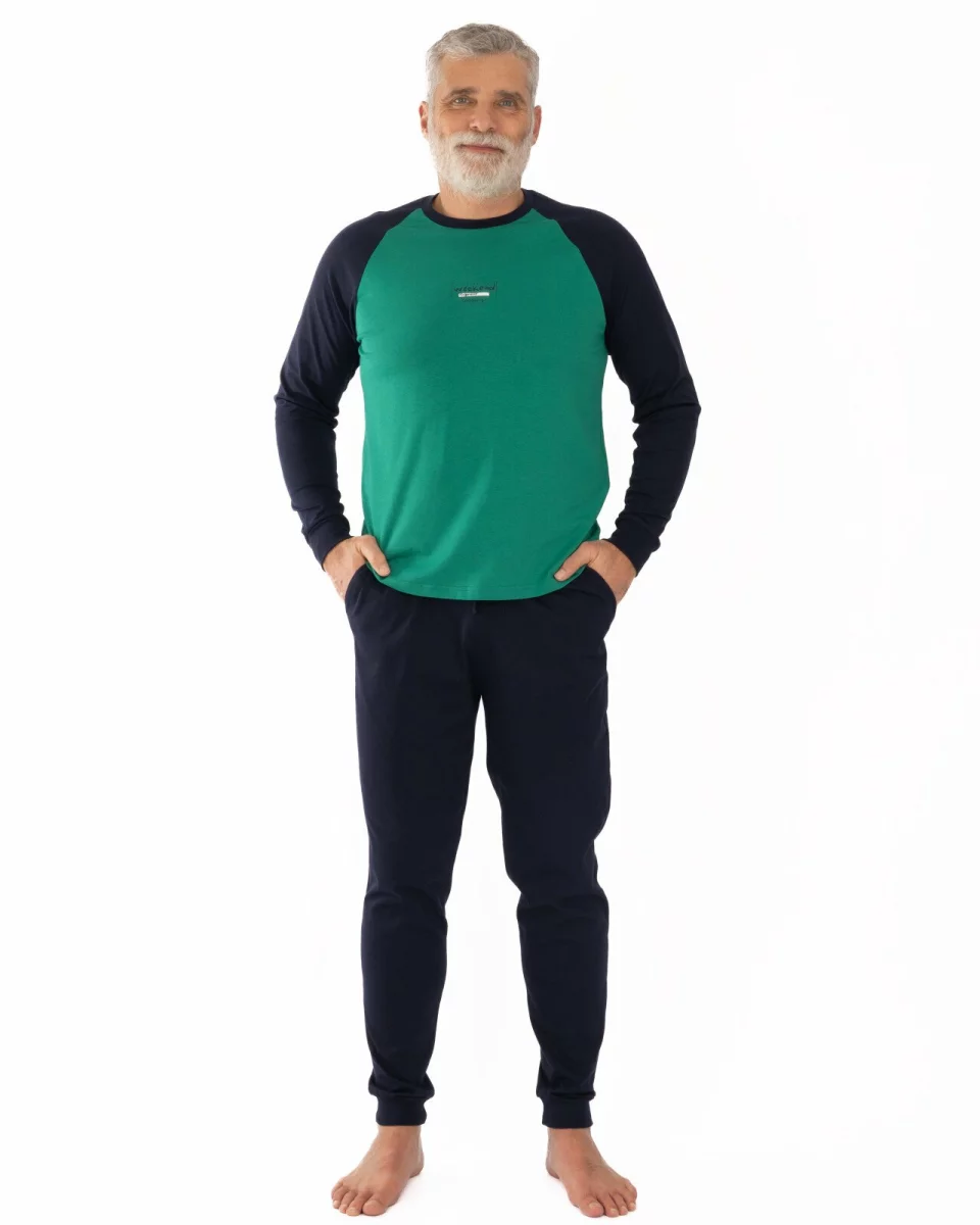 Pijama bărbați verde și bleumarin din bumbac, model raglan