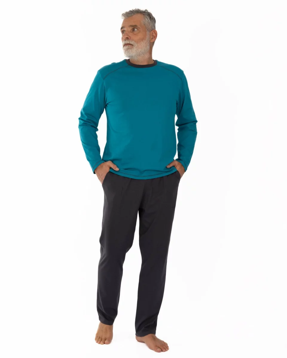 Pijama bărbați lagună și gri din bumbac, cu cusătură decorativă