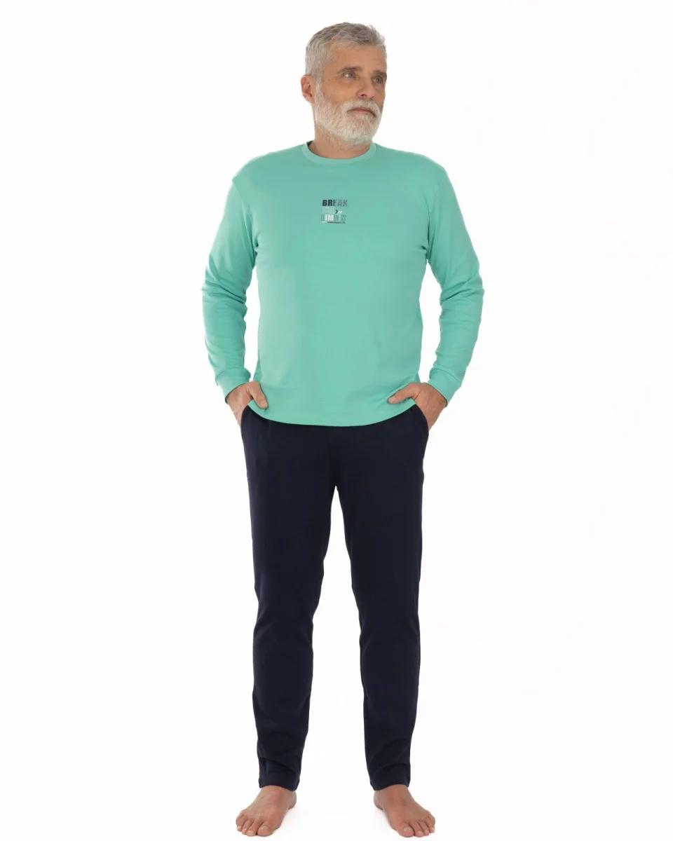 Pijama bărbați din interlock, culoare mint și bleumarin, cu manșete