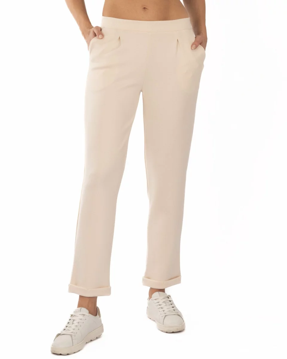 Pantaloni crem de vară conici 7/8 pliuri frontale