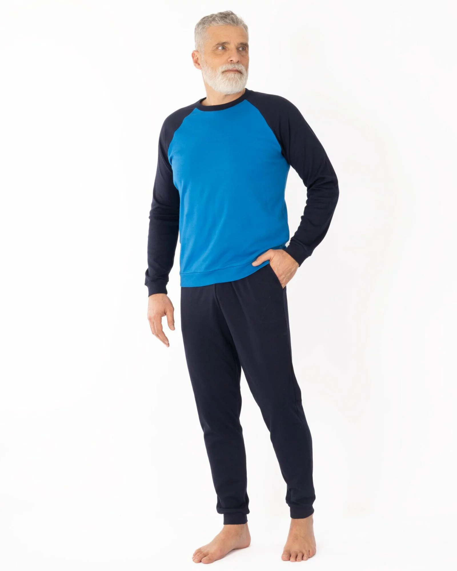 Set bărbați albastru și bleumarin din interlock de bumbac, model raglan