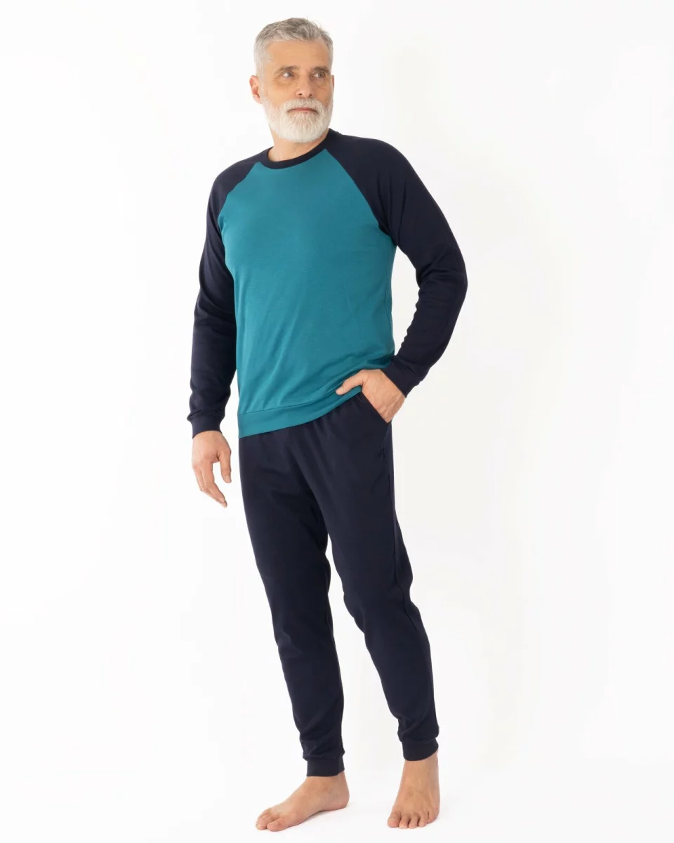 Set bărbați petrol și bleumarin din interlock de bumbac, model raglan