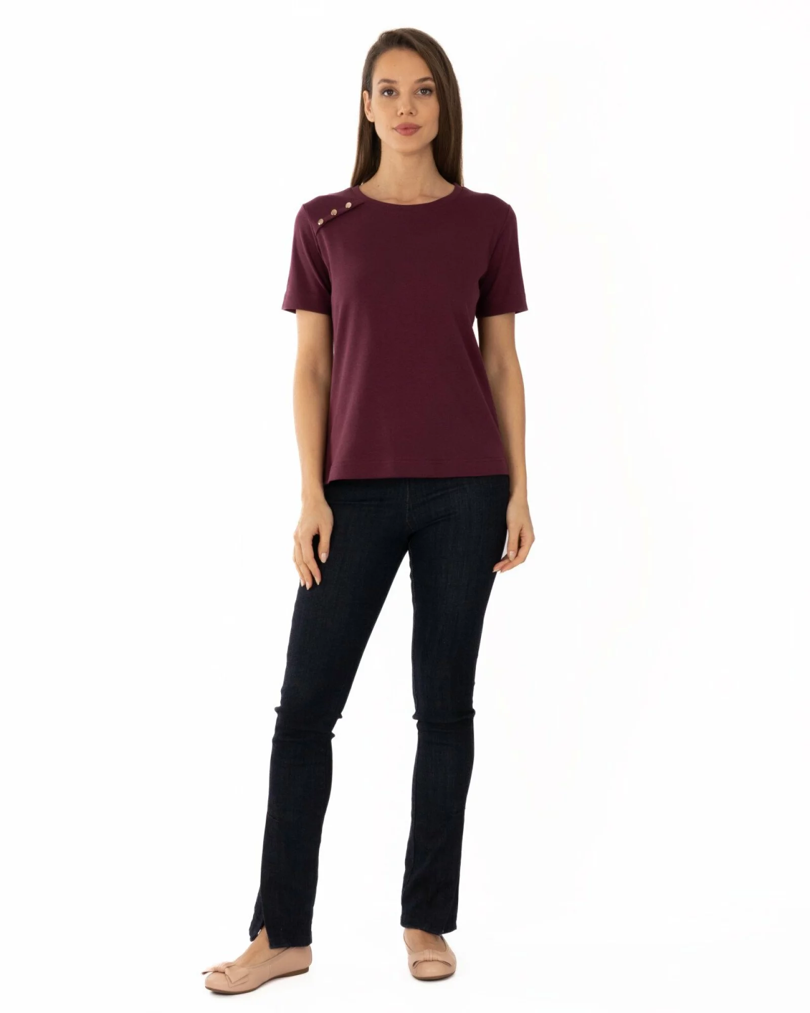 Tricou damă bumbac interlock cu nasturi decorativi