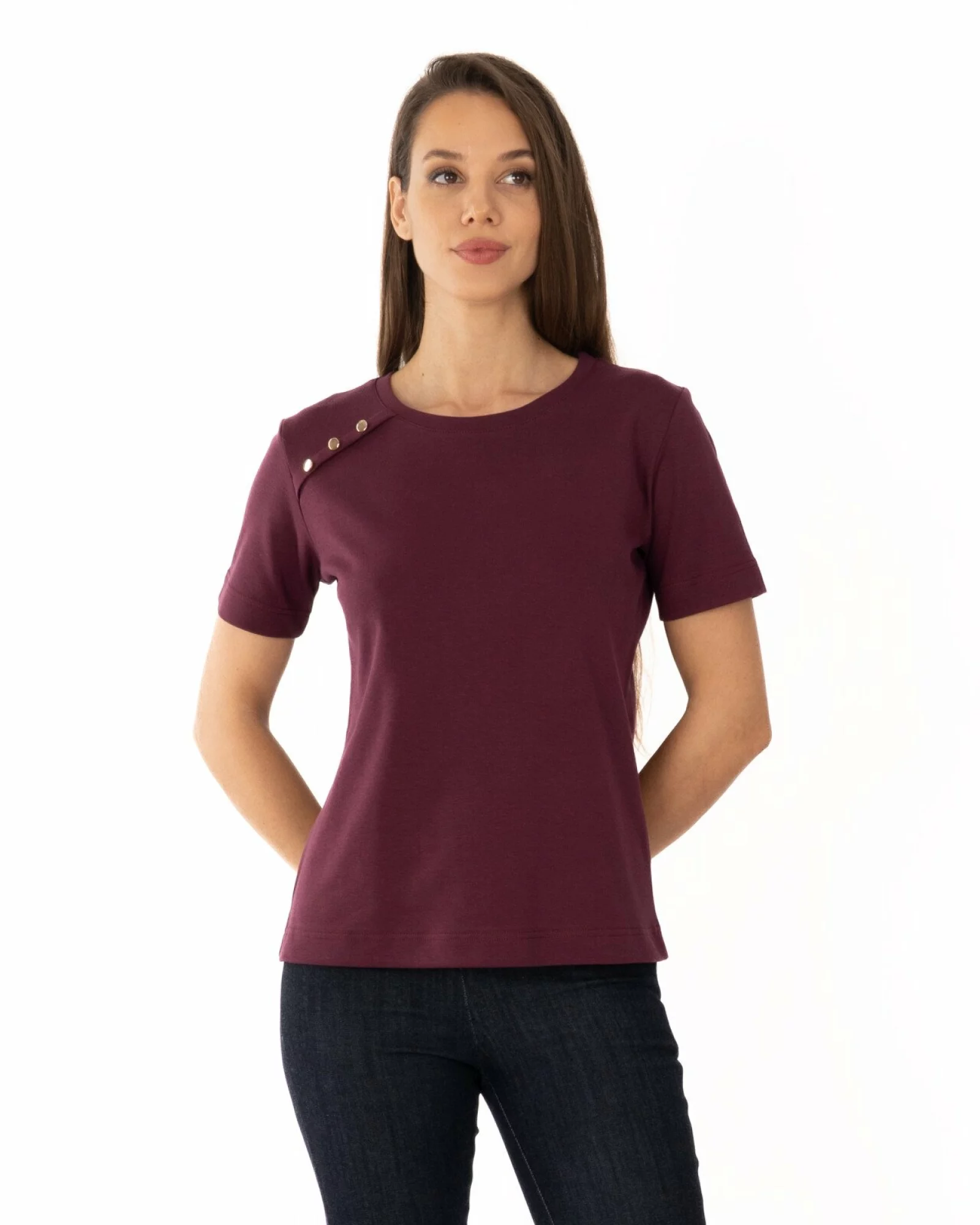 Tricou damă bumbac interlock cu nasturi decorativi
