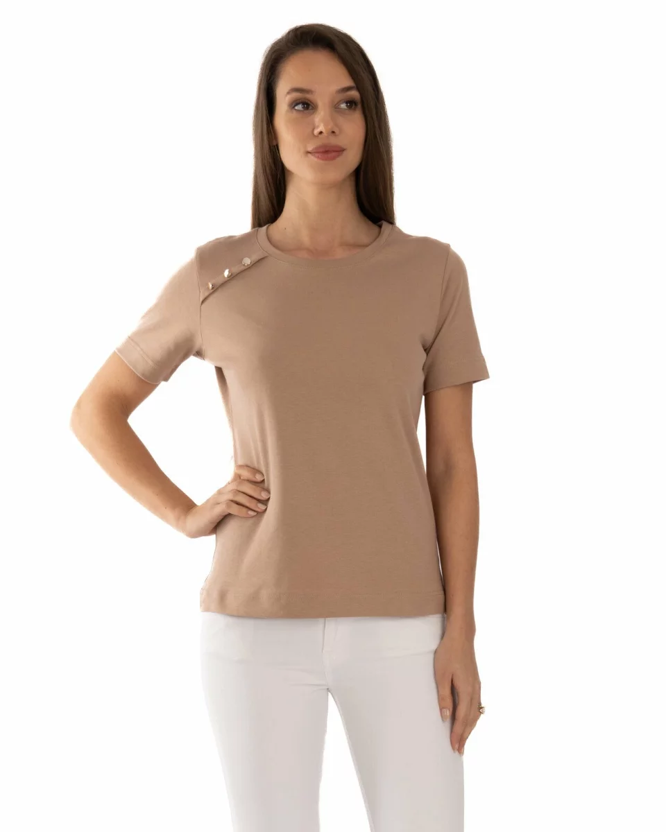 Tricou damă bumbac interlock cu nasturi decorativi