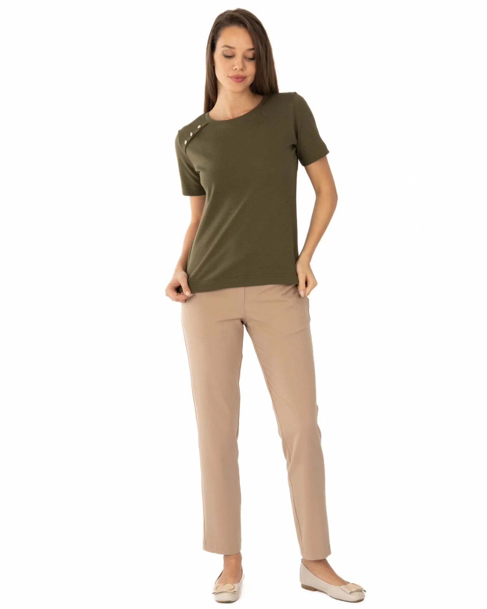 Tricou damă bumbac interlock cu nasturi decorativi