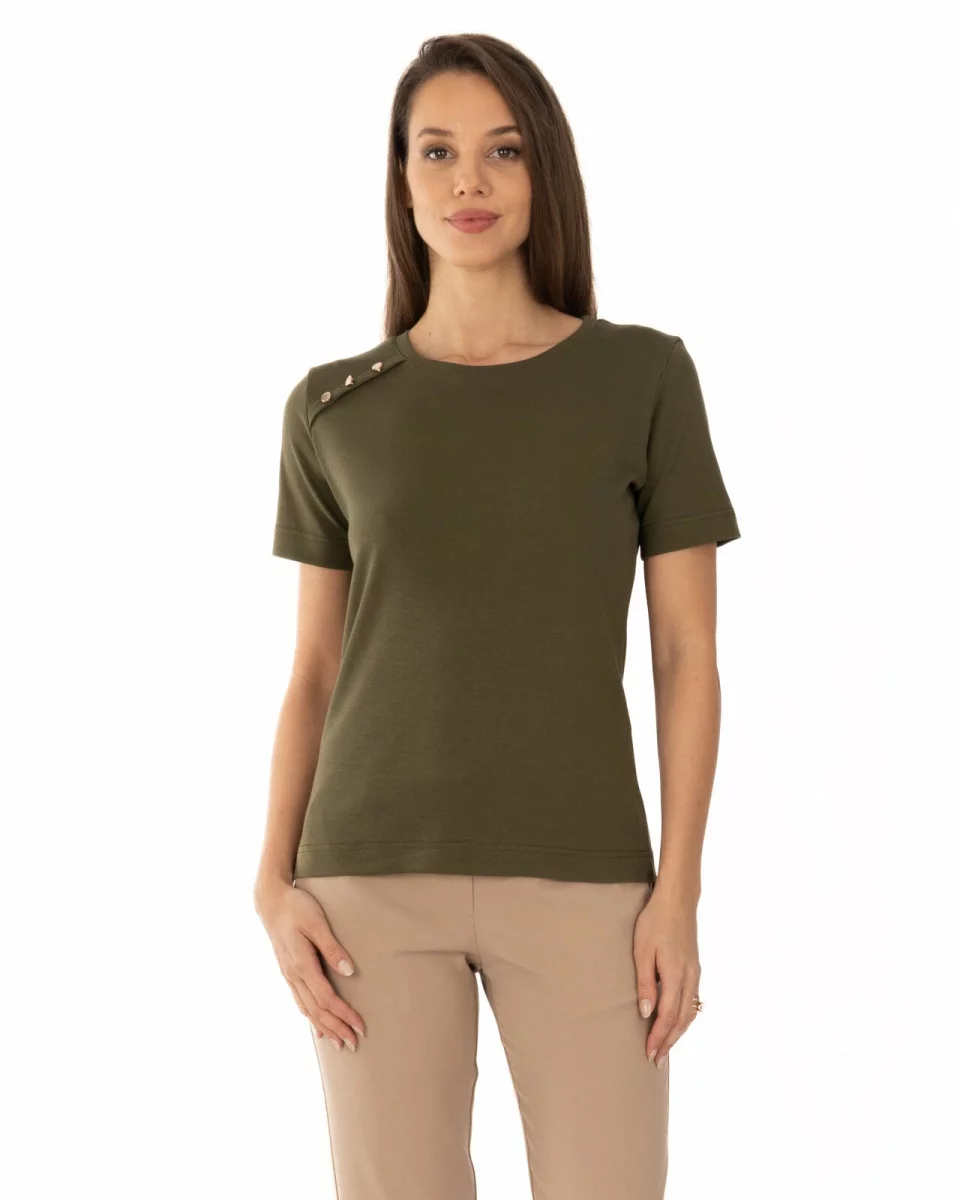 Tricou kaki bumbac interlock cu nasturi la umăr