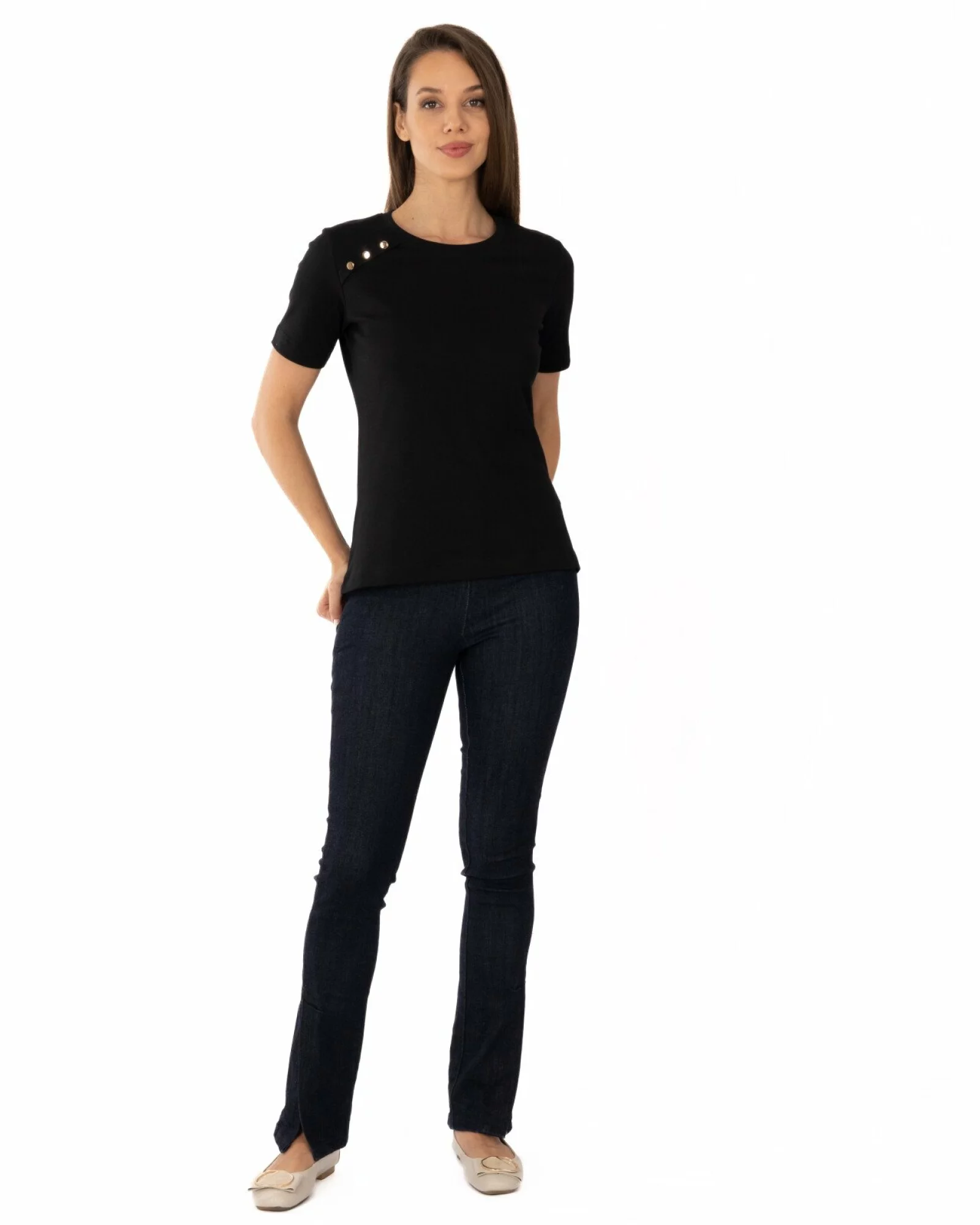 Tricou damă bumbac interlock cu nasturi decorativi