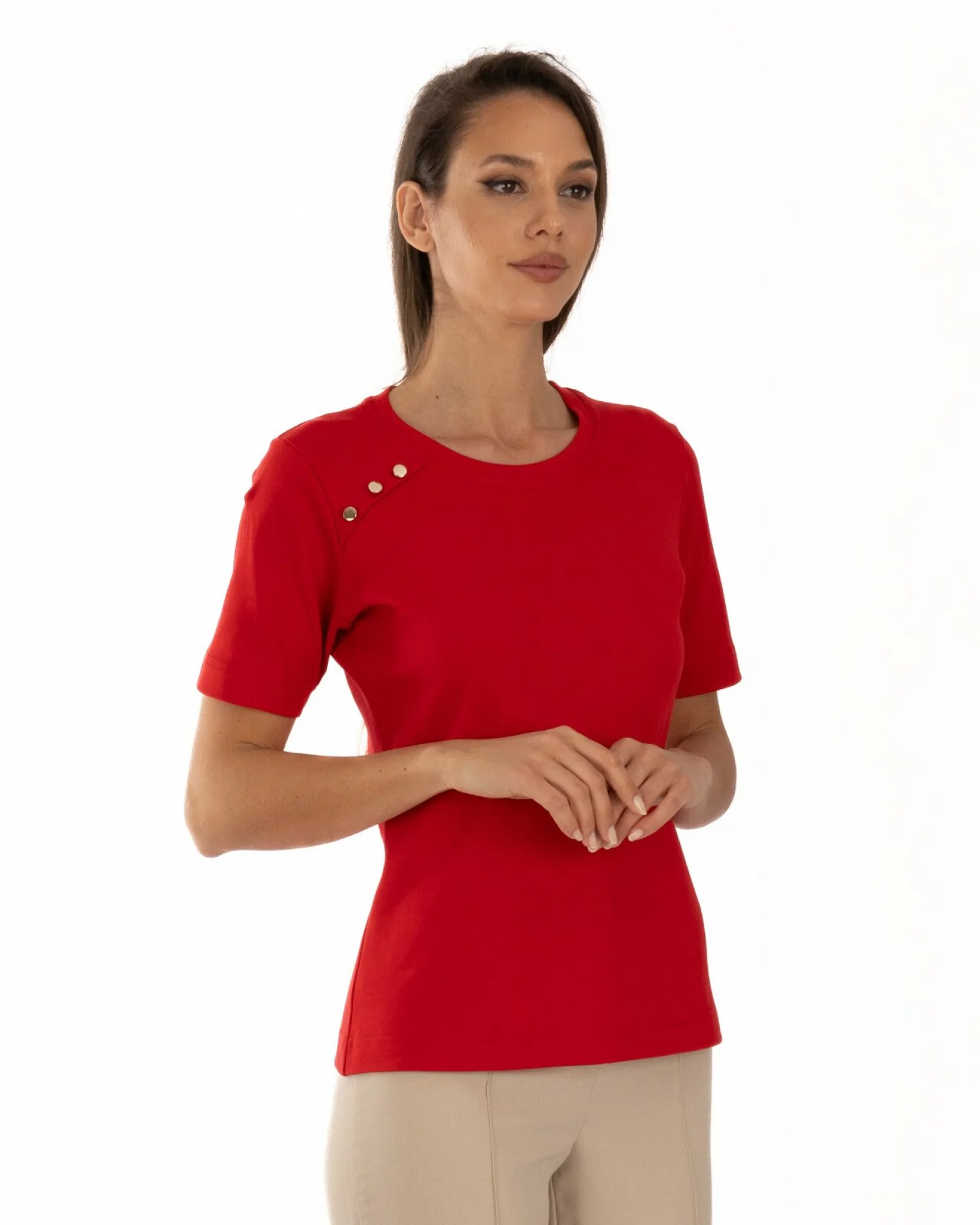 Tricou damă bumbac interlock cu nasturi decorativi