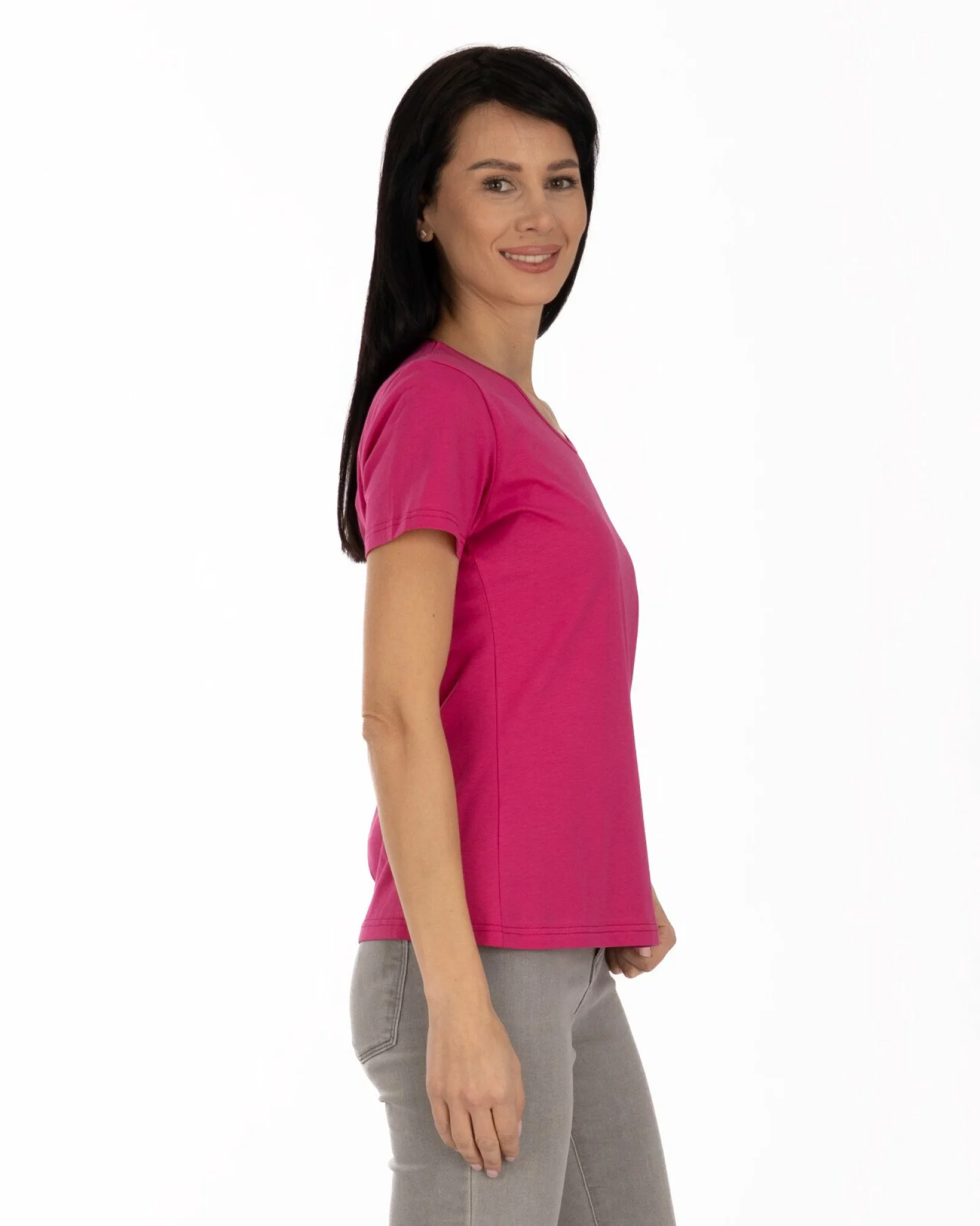 Tricou damă basic bumbac guler rotund - fuchsia