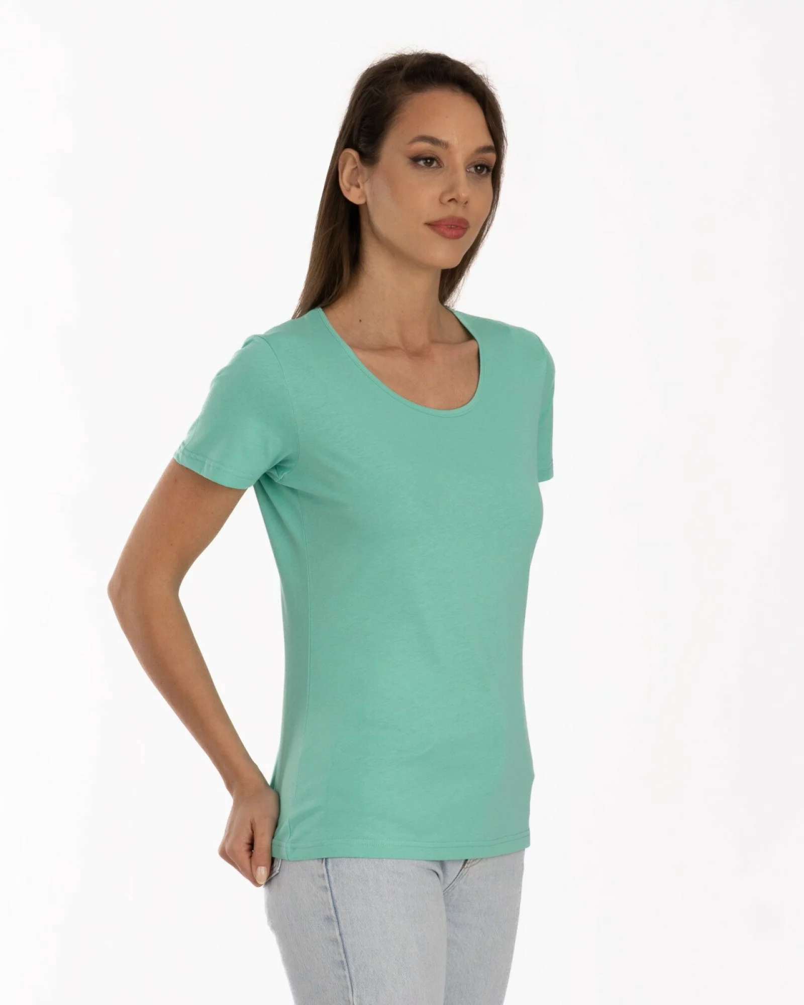 Tricou damă basic bumbac guler rotund - verde deschis