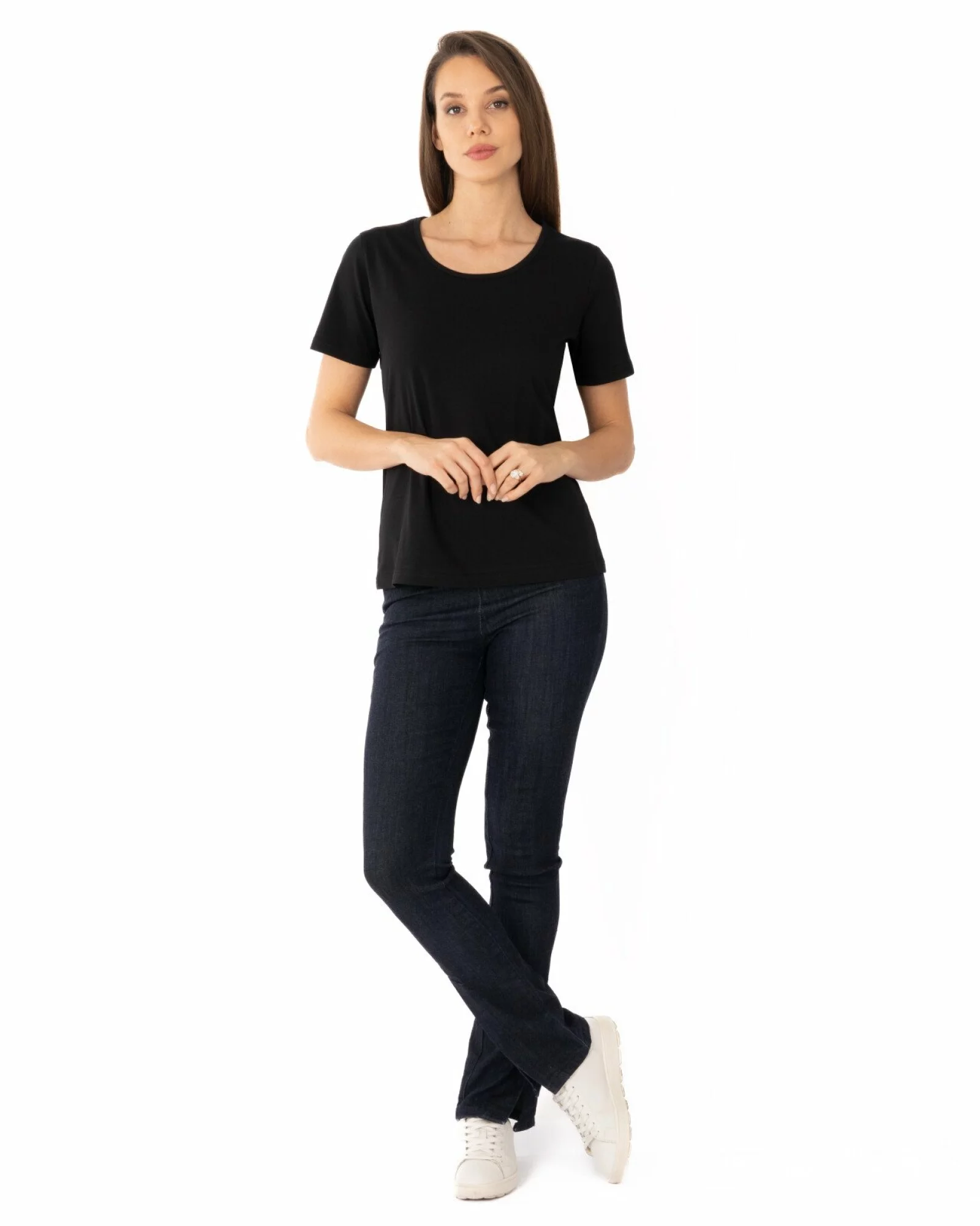 Tricou damă basic bumbac negru guler rotund