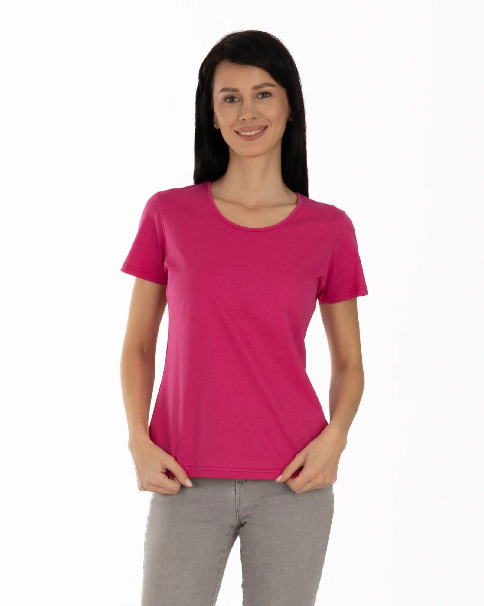 Tricou damă basic bumbac guler rotund - fuchsia