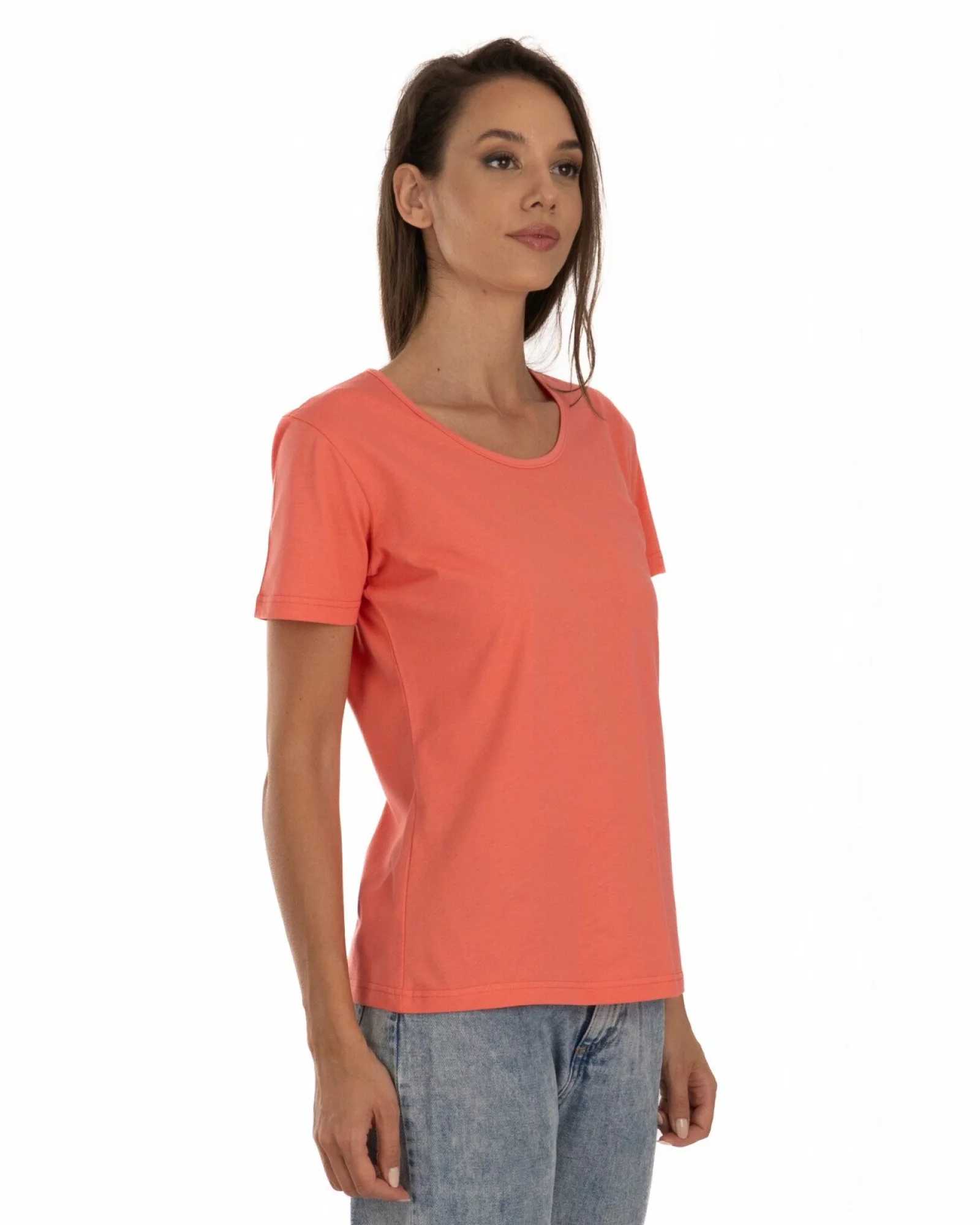 Tricou damă basic bumbac guler rotund - coral