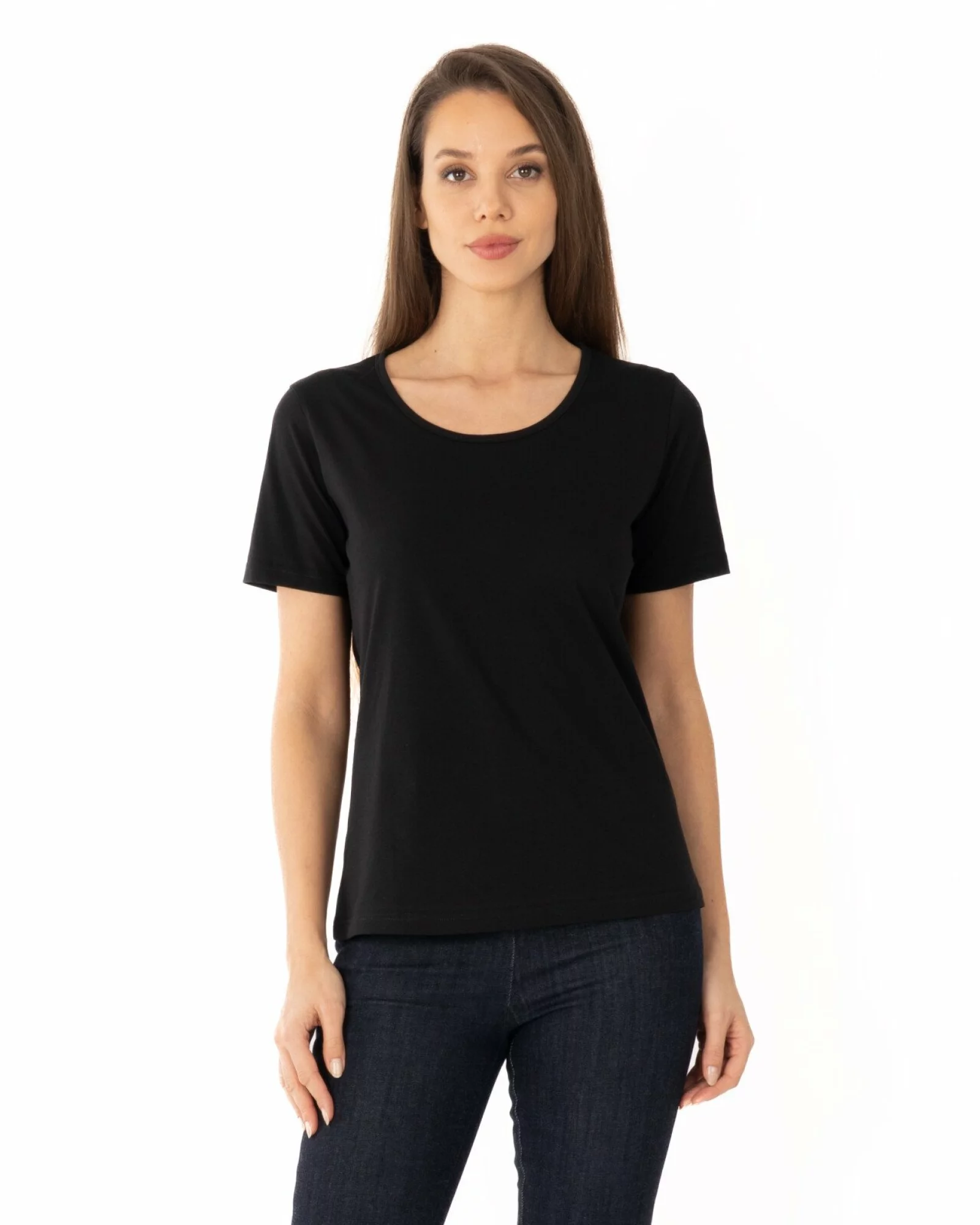 Tricou damă basic bumbac negru guler rotund