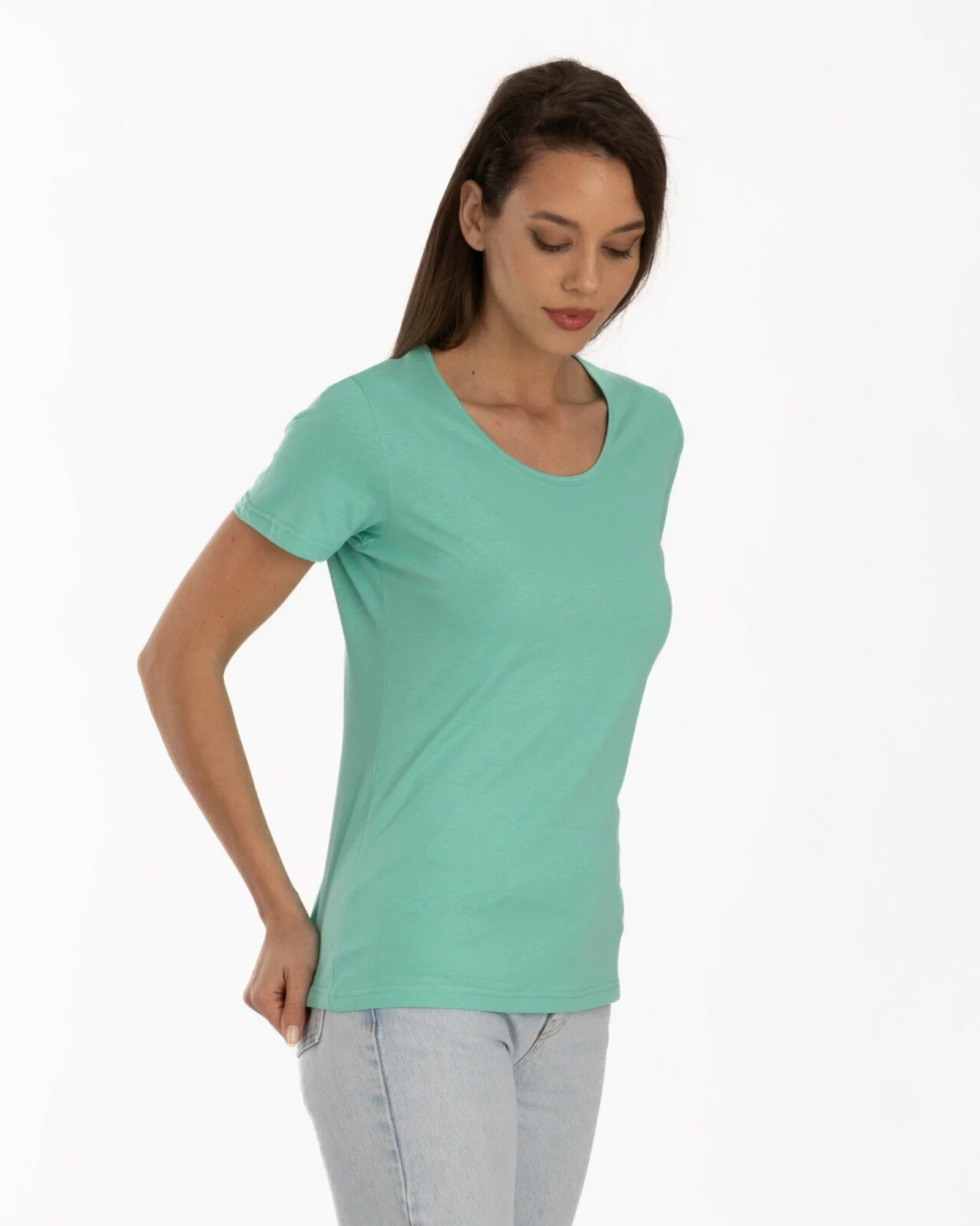 Tricou damă basic bumbac guler rotund - verde deschis