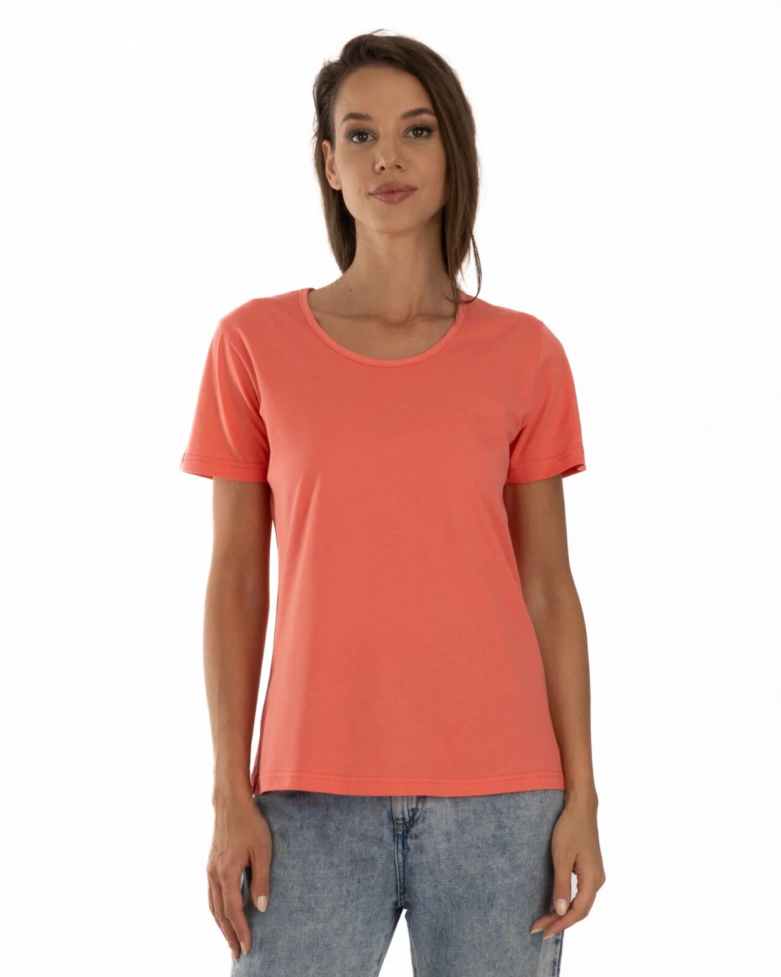 Tricou damă basic bumbac guler rotund - coral