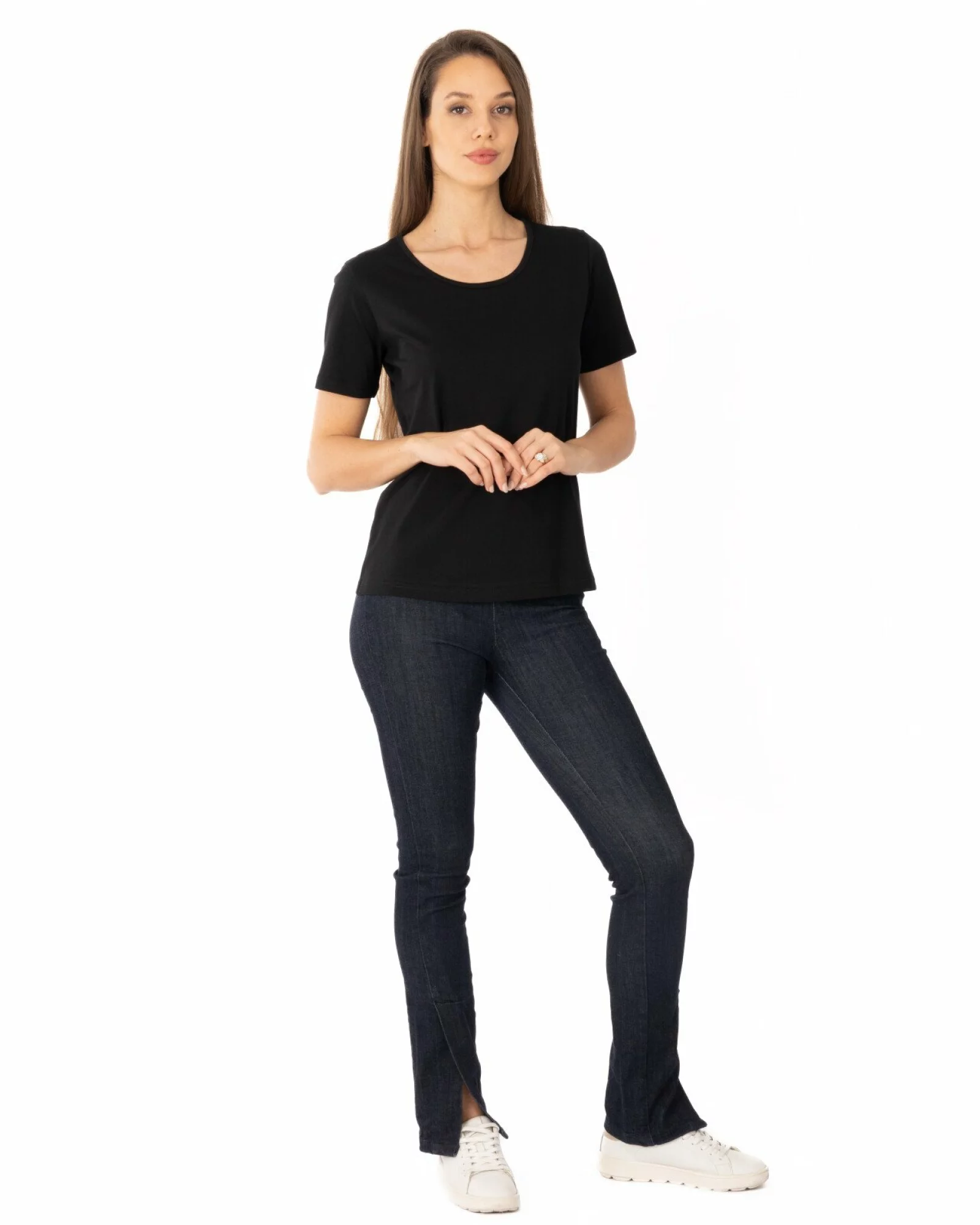 Tricou damă basic bumbac negru guler rotund
