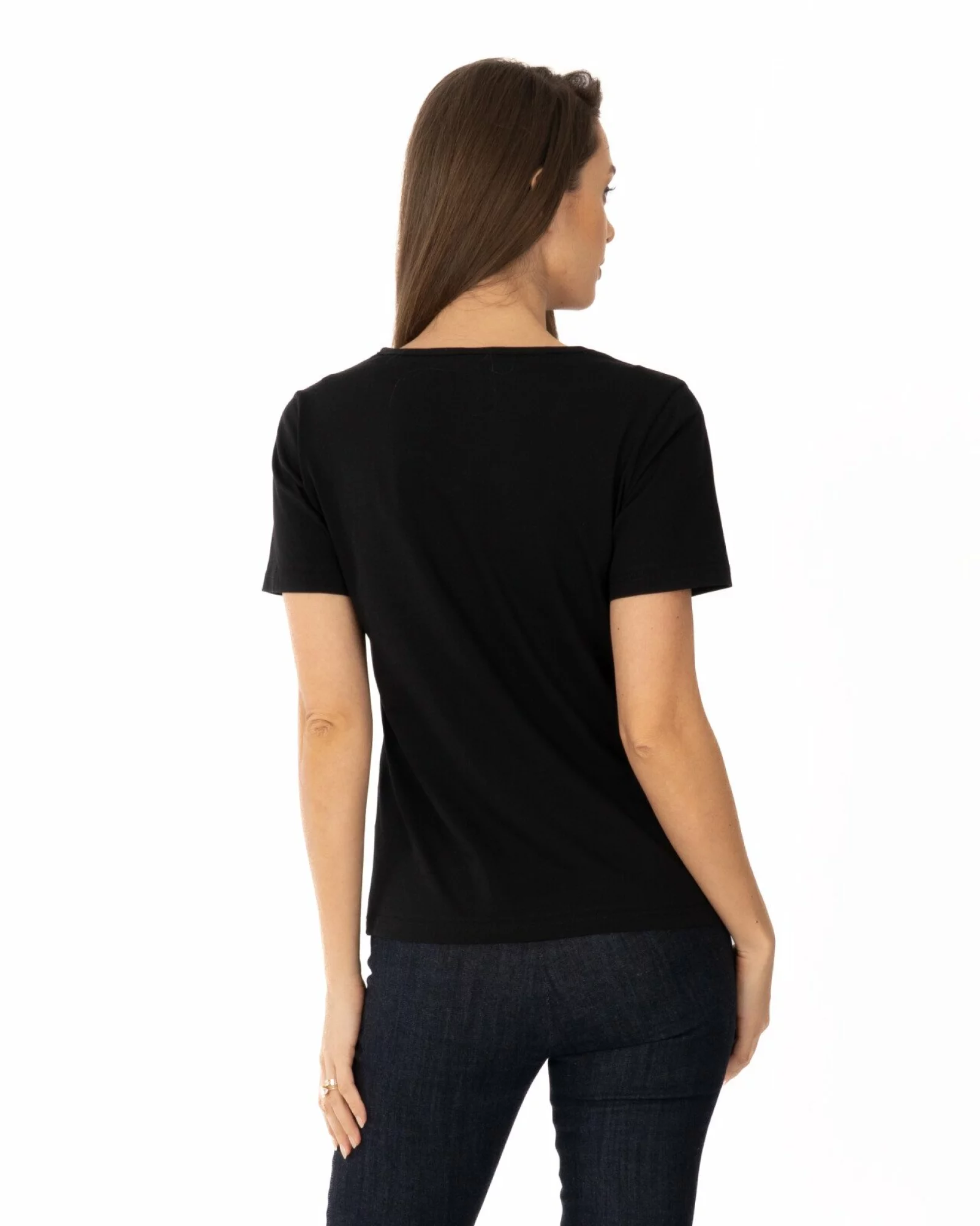 Tricou damă basic bumbac negru guler rotund