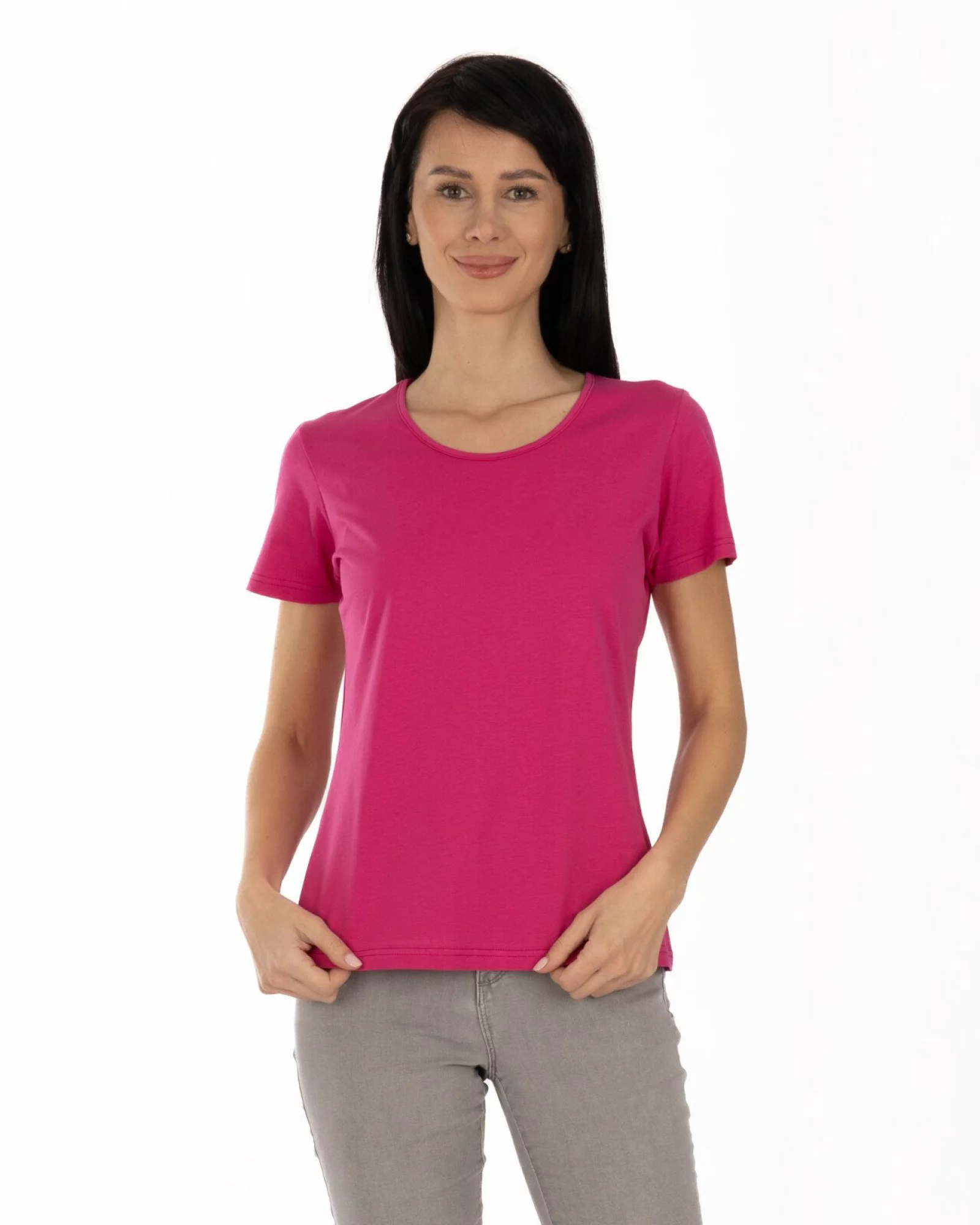 Tricou damă basic bumbac guler rotund - fuchsia