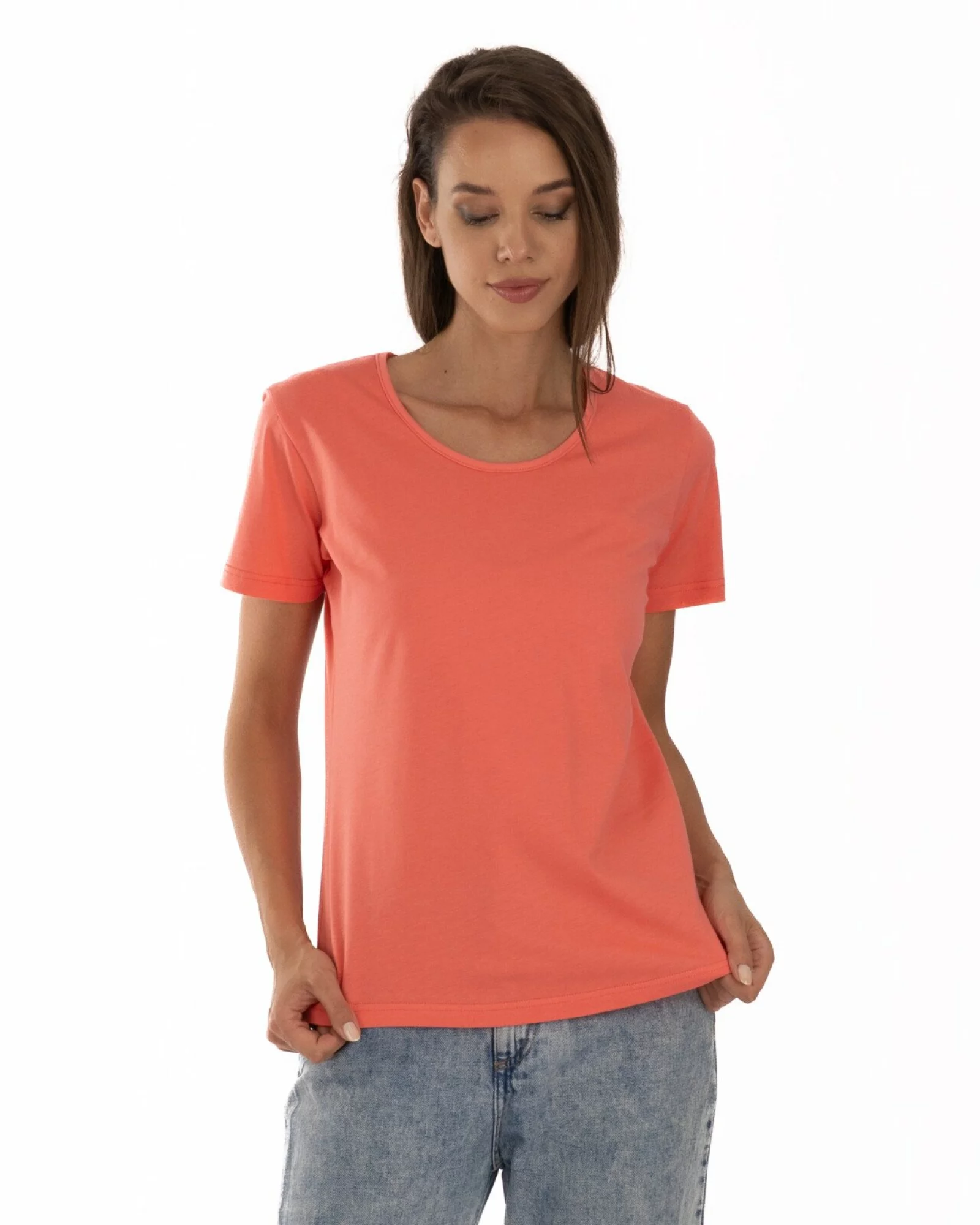 Tricou damă basic bumbac guler rotund - coral
