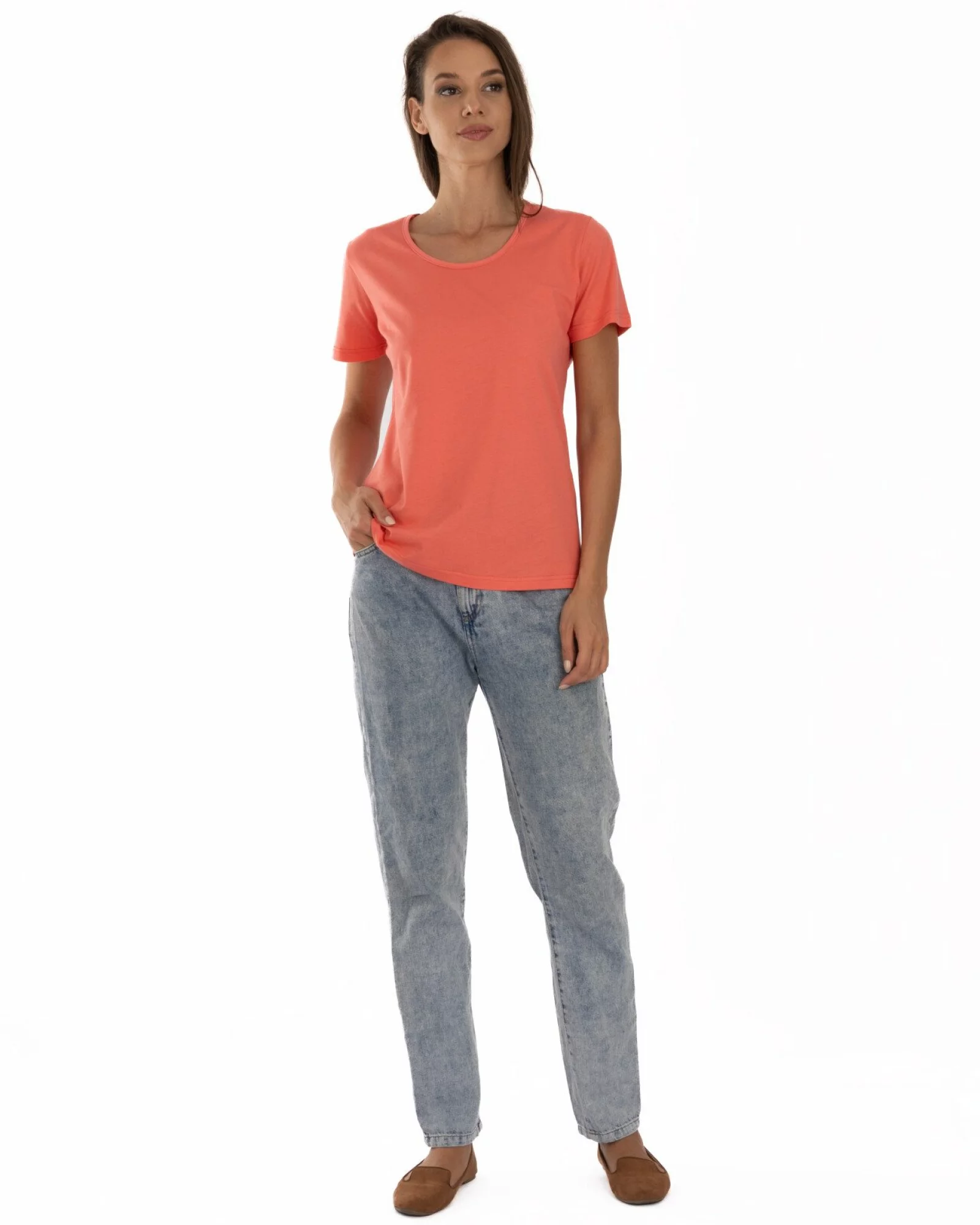 Tricou damă basic bumbac guler rotund - coral