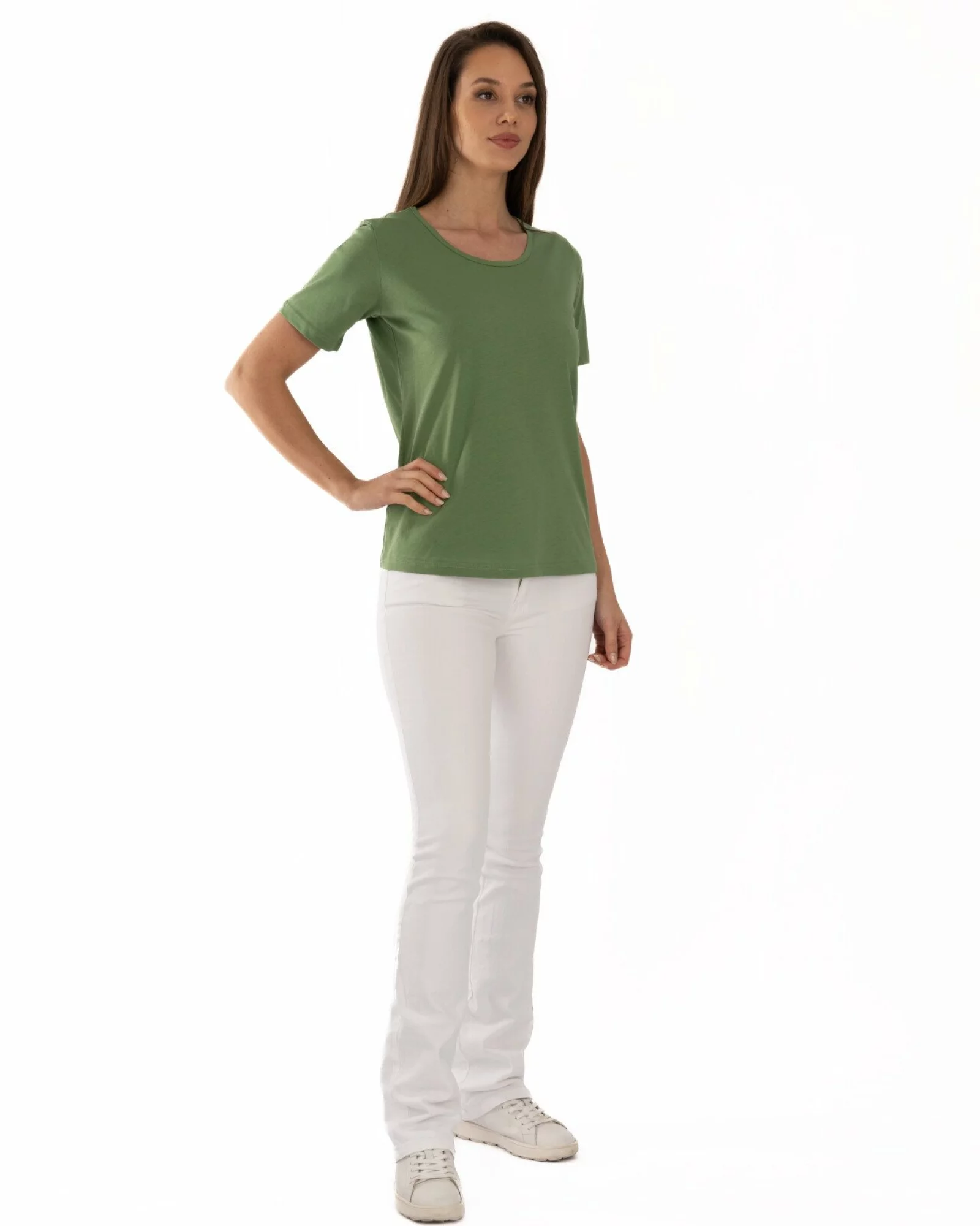 Tricou damă basic bumbac kaki guler rotund