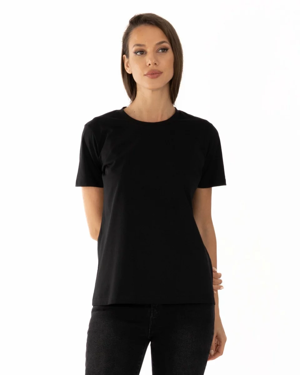 Tricou negru bumbac cu guler aplicat