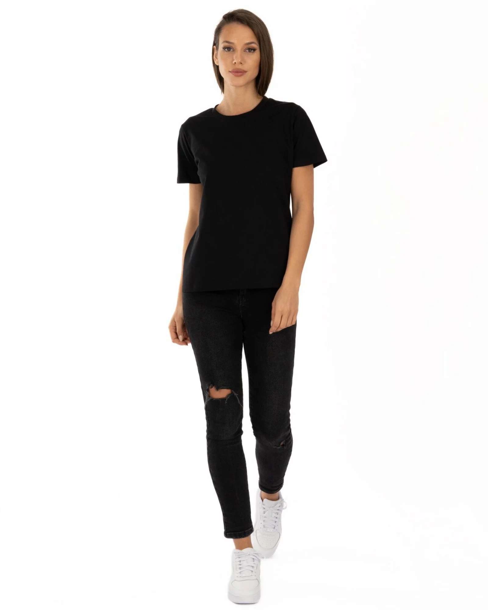 Tricou negru bumbac cu guler aplicat