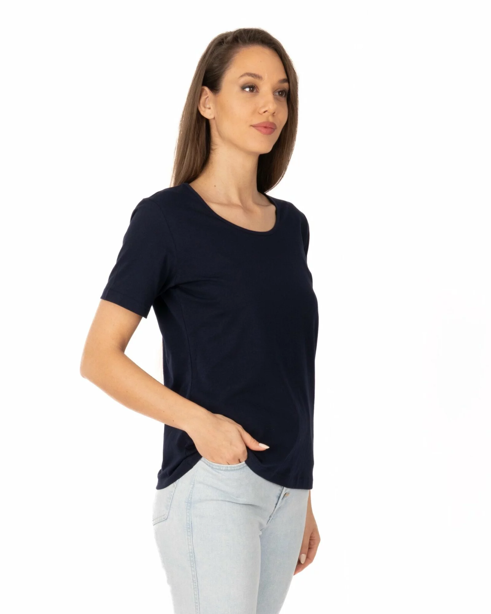 Tricou damă basic bumbac bleumarin guler rotund