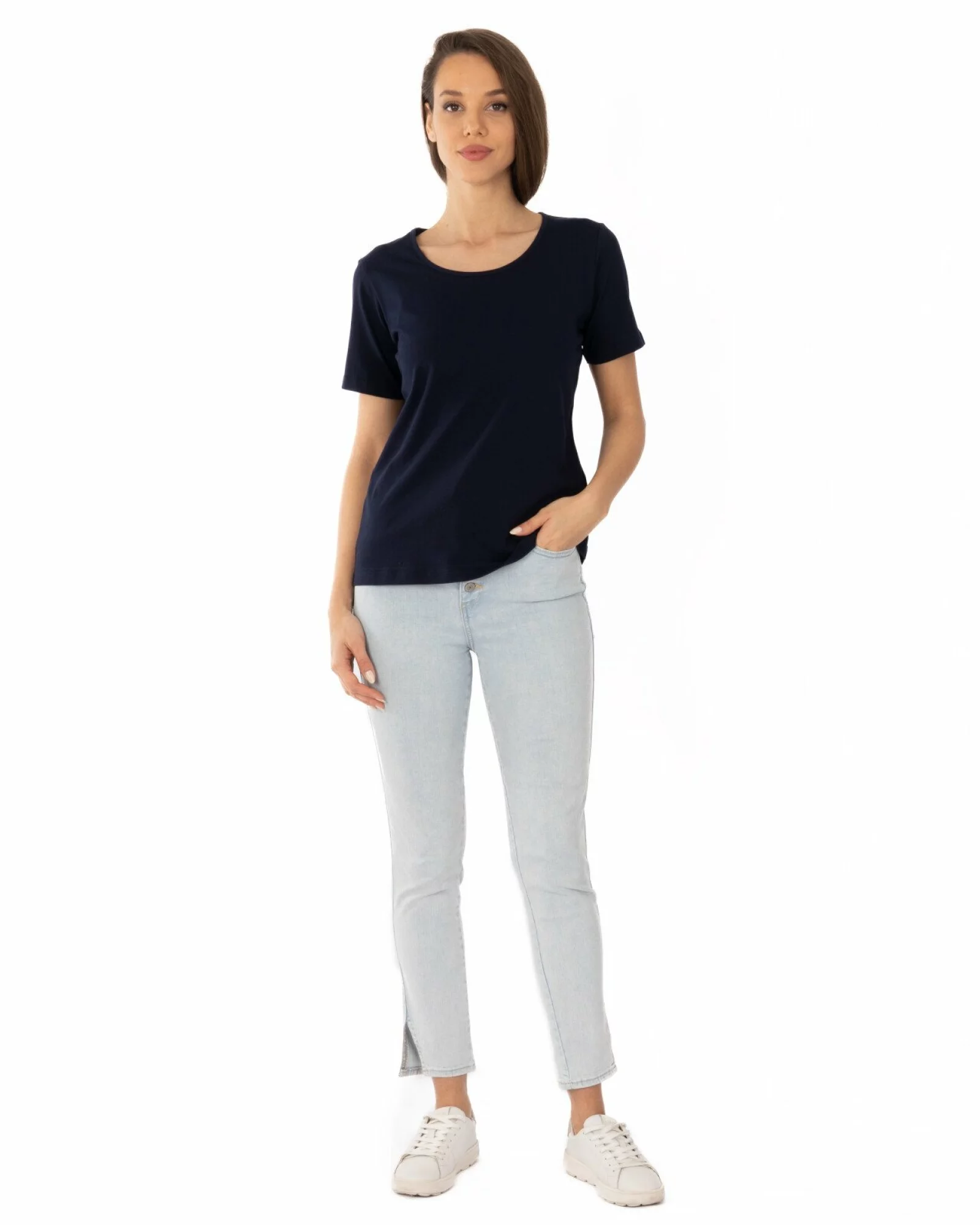Tricou damă basic bumbac bleumarin guler rotund