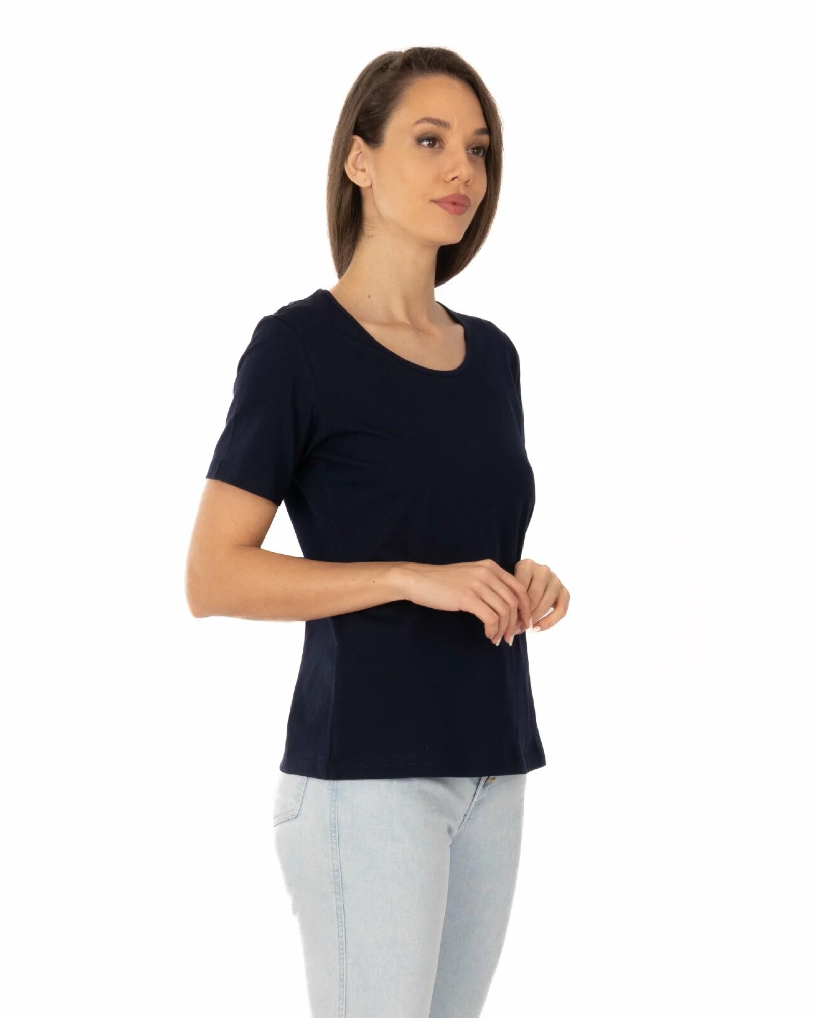Tricou damă basic bumbac bleumarin guler rotund