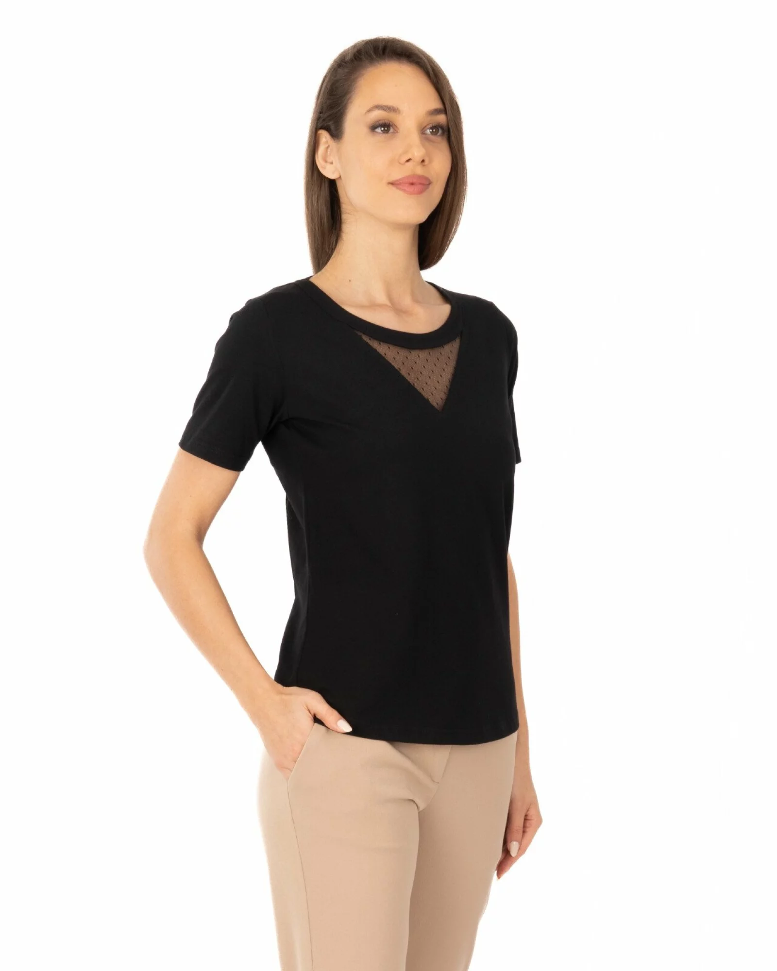 Tricou damă bumbac cu lycra – dantelă elegantă