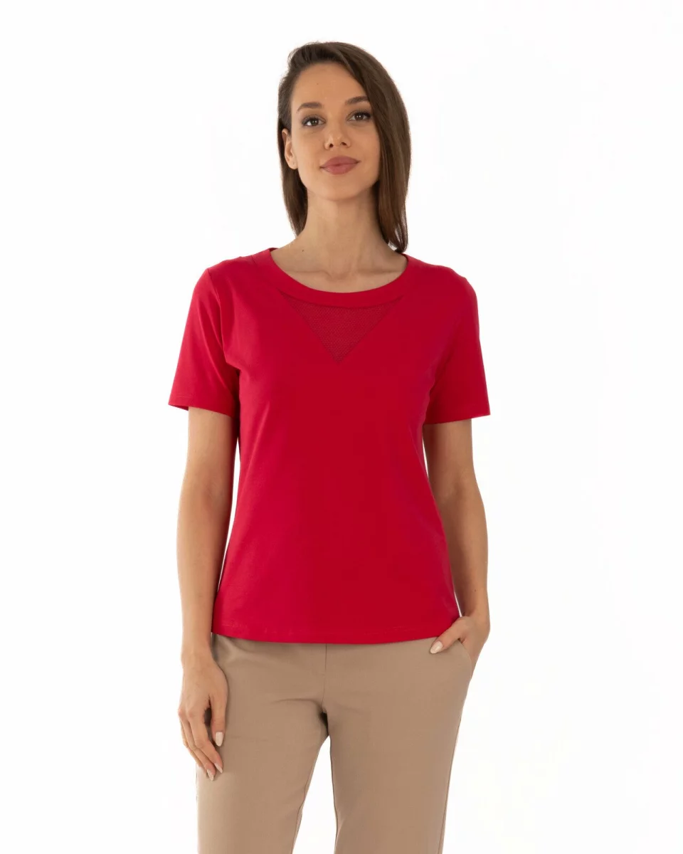 Tricou roșu bumbac elastan cu inserție dantelă