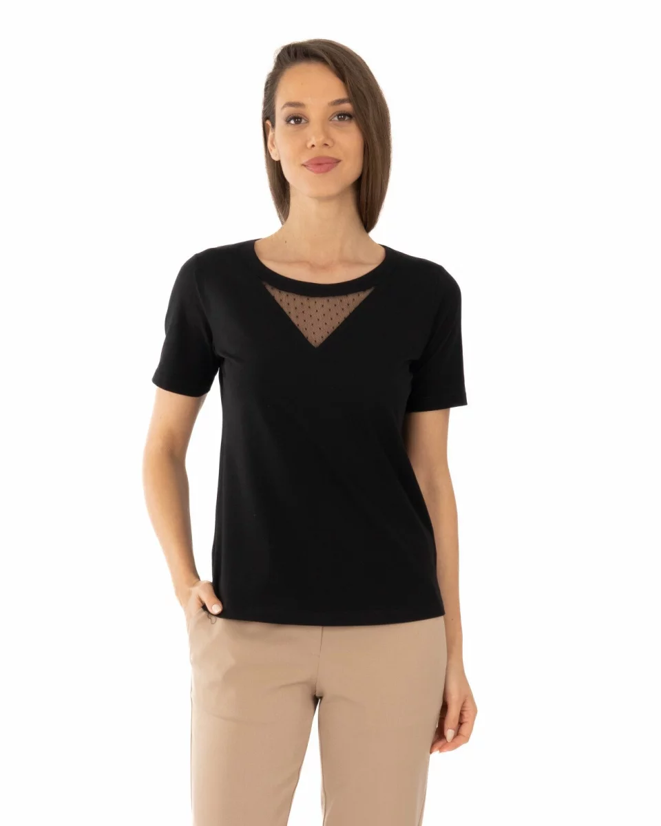 Tricou negru bumbac elastan cu inserție dantelă