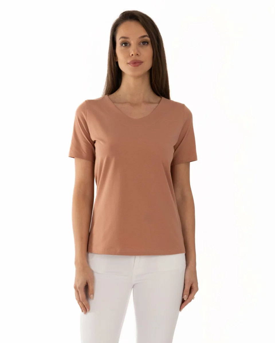 Tricou cappuccino din bumbac elastan cu decolteu conturat